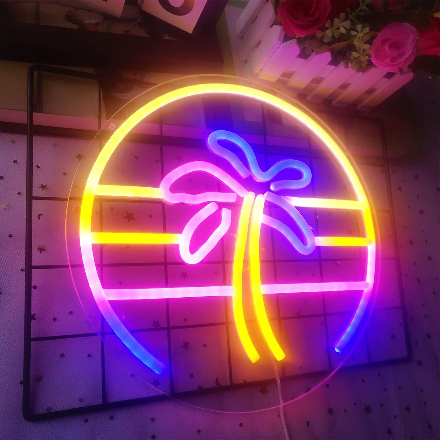 Sunset Neon Sign &#x2013; Dimmable Tropical Coconut Palm Tree Neon Sign, 12&#x22;x 12&#x22; | Aesthetic 80s Retro Palm Tree Wall Decor for Home, Bar, Birthday, and Christmas