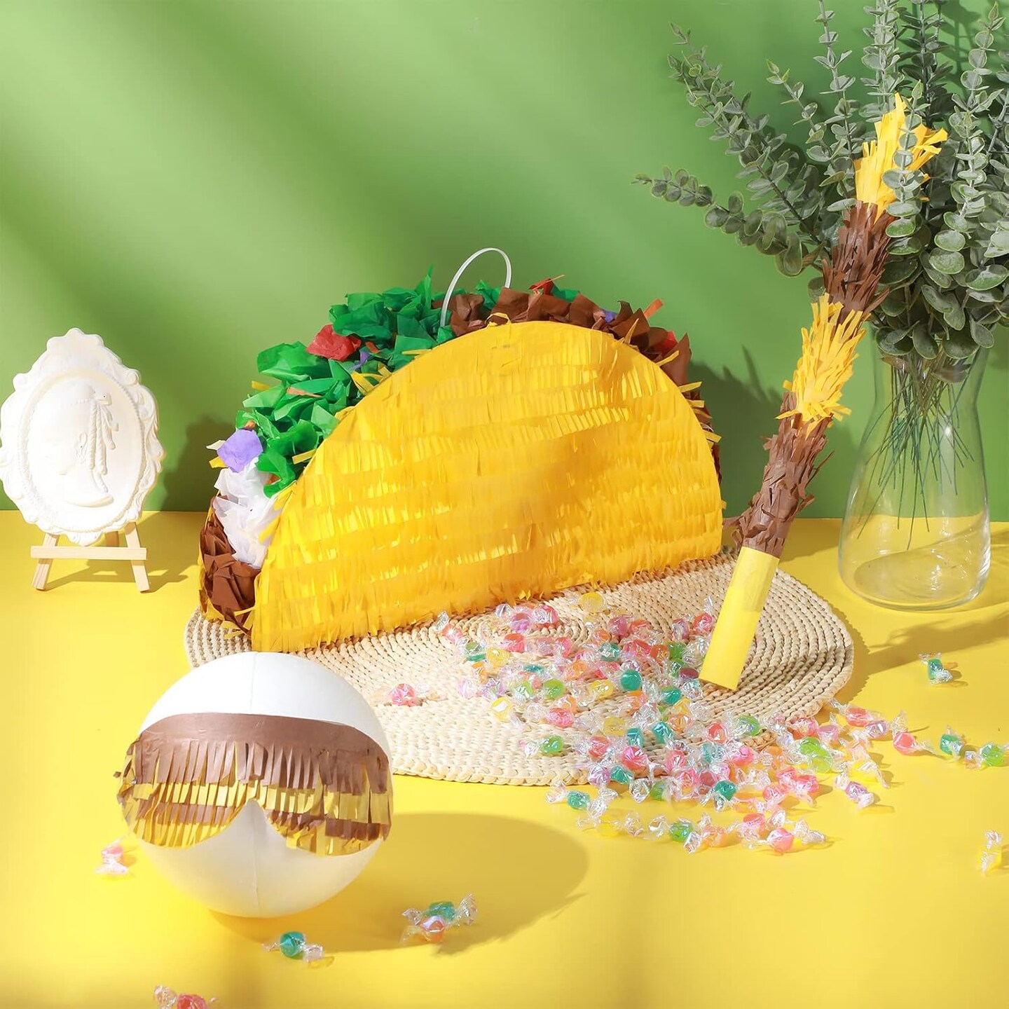Taco Pi&#xF1;ata Set Mexican Birthday Party Decorations Cinco De Mayo Fiesta Theme Taco Pinata with Plastic Stick and Blindfold for Mexican Themed Party Supplies Favors, 15 x 8 x 3 Inches