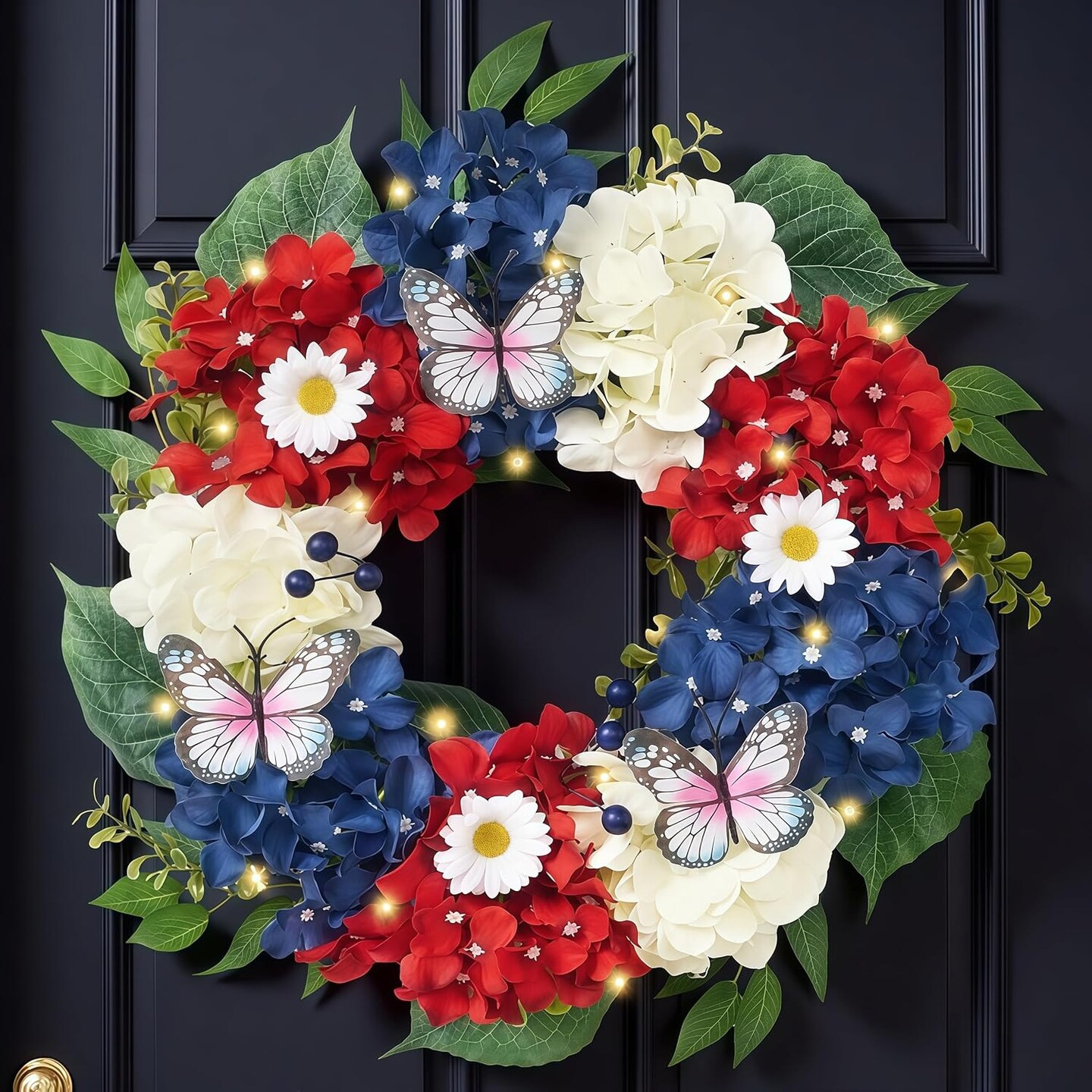 Patriotic Hydrangeas Wreaths for Front Door with Lights,Red White Blue Summer Artificial Floral Memorial Day Wreath with Eucalyptus Leaves Butterfly for 4th of July 18&#x27;&#x27;