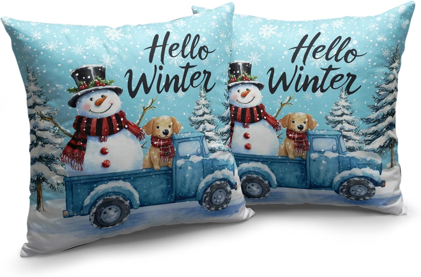 Hello Winter Pillow Covers 18x18 Set of 2 Blue Truck with Lovely Snowman Puppy Dog Throw Pillow Case Snowflakes Snowman Cushion Case for Holiday Decorations Couch Sofa