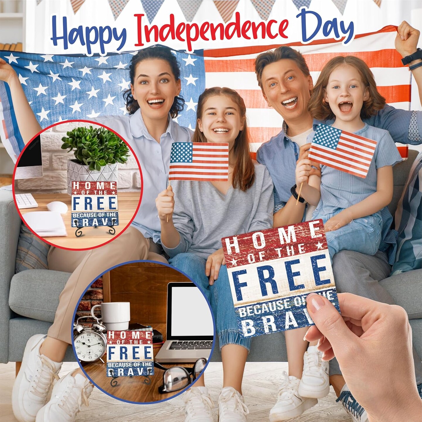 July 4th Retro Wood Plaque With Iron Stand - Home Of The Free Because Of The Brave - 4&#x22;x4&#x22; Wooden Block Sign, Patriotic Desk Signs, Shelf &#x26; Tabletop Decorations, America Memorial Day Supplies - E05