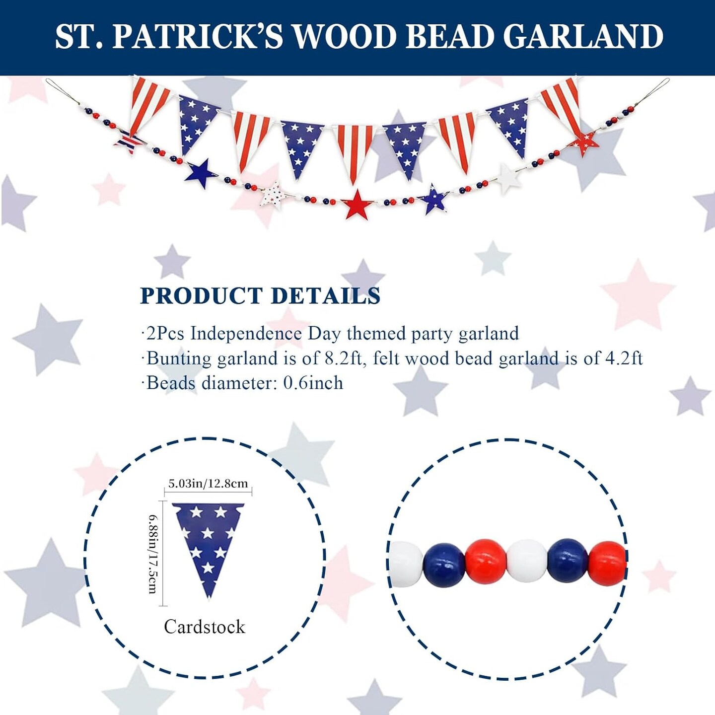 Red White Blue Wood Bead Garland for 4th of July Decorations