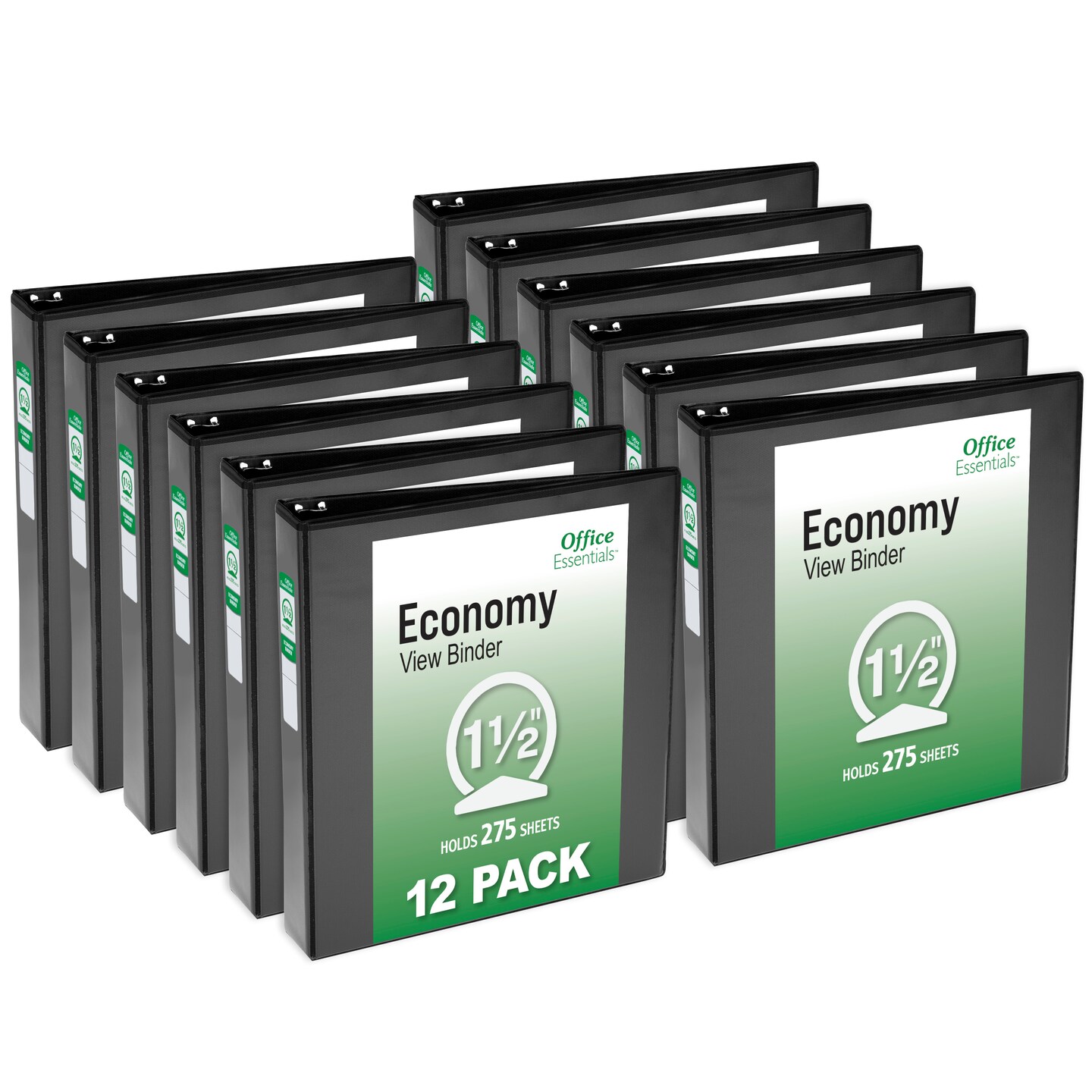 Office Essentials Economy View 3 Ring Binders, 1.5&#x22; Round Rings, 2.1&#x22; Spine, 275-Sheet Capacity, Black Binders (12-Pack of 03427)