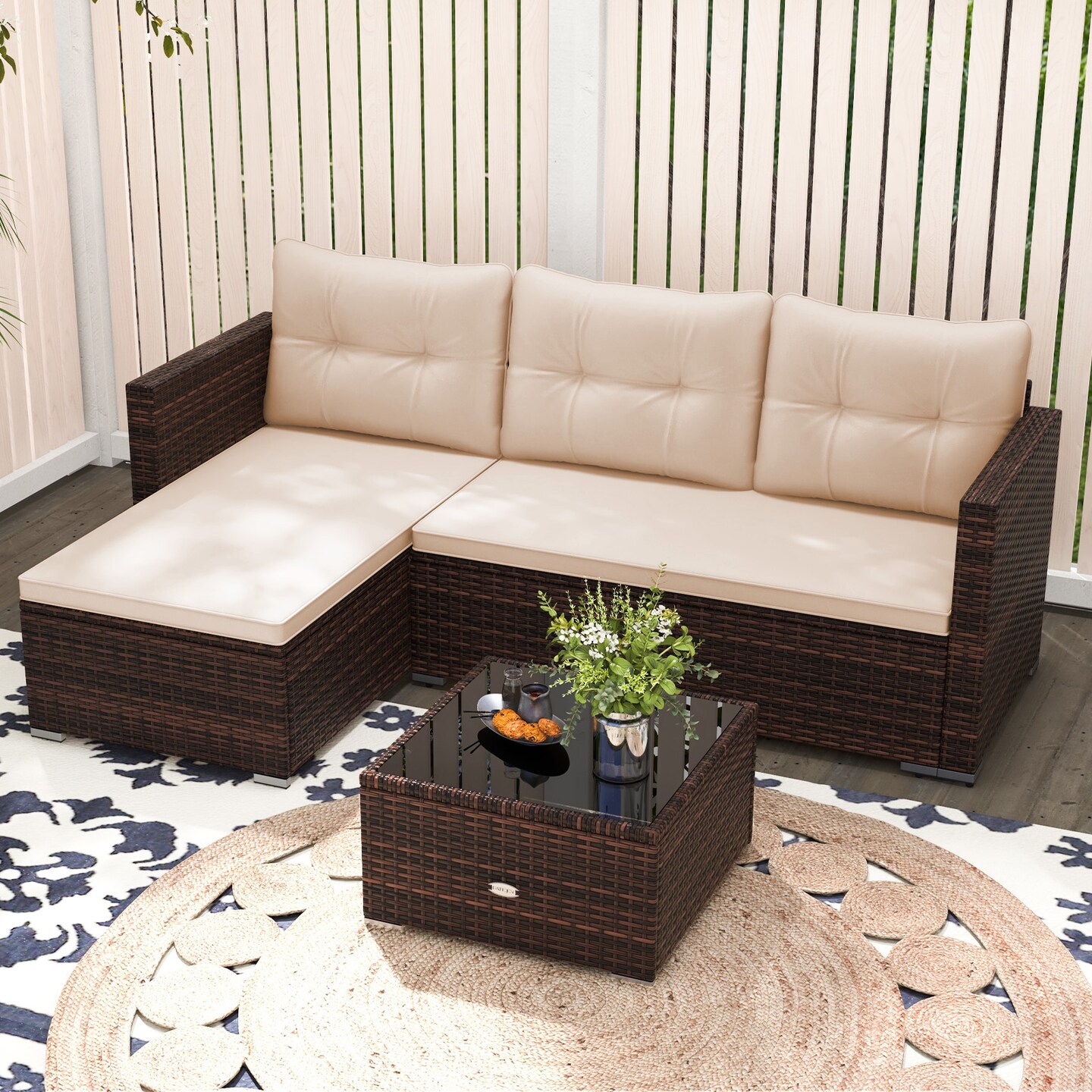 PE Rattan 2-Piece Sectional Sofa Set, Cushioned Seats and Glass Coffee Table