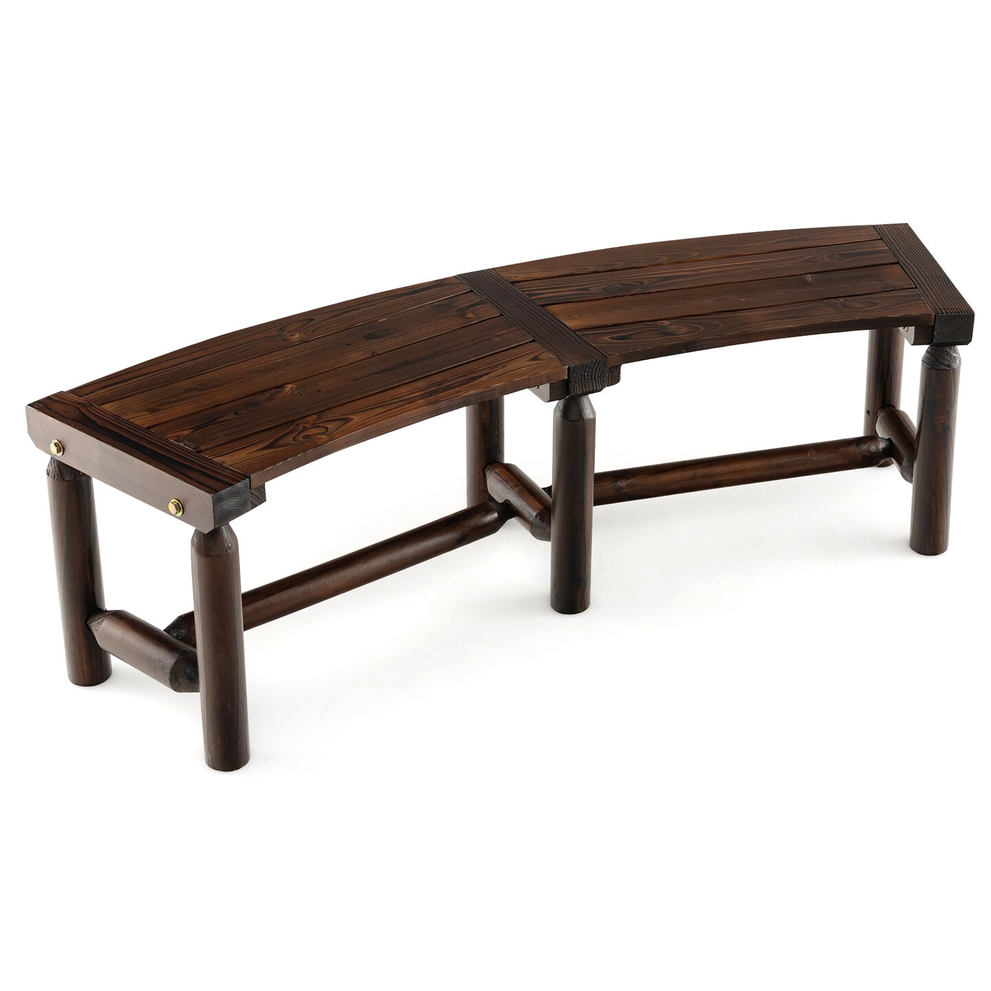 Rustic Brown Outdoor Patio Bench Carbonized Fir & Pine Wood Curved Design