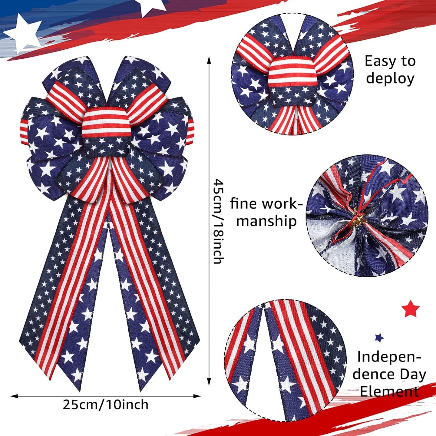2 Pcs Memorial Day Patriotic Bows USA Red White Blue Star Burlap Bow 4th of July Tree Topper for Indoor Outdoor Independence Day Party Decoration(Style 3)