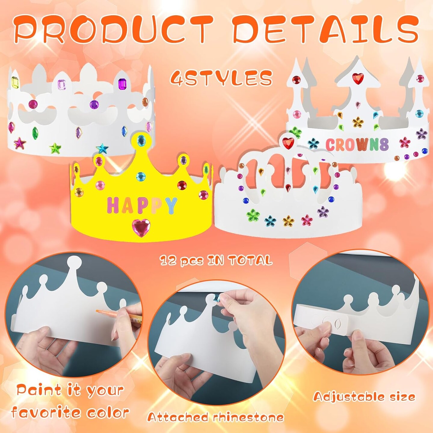 35 Pcs White Paper Crowns Set Princess Fairy Wands Kit DIY Birthday Party Crowns for Kids