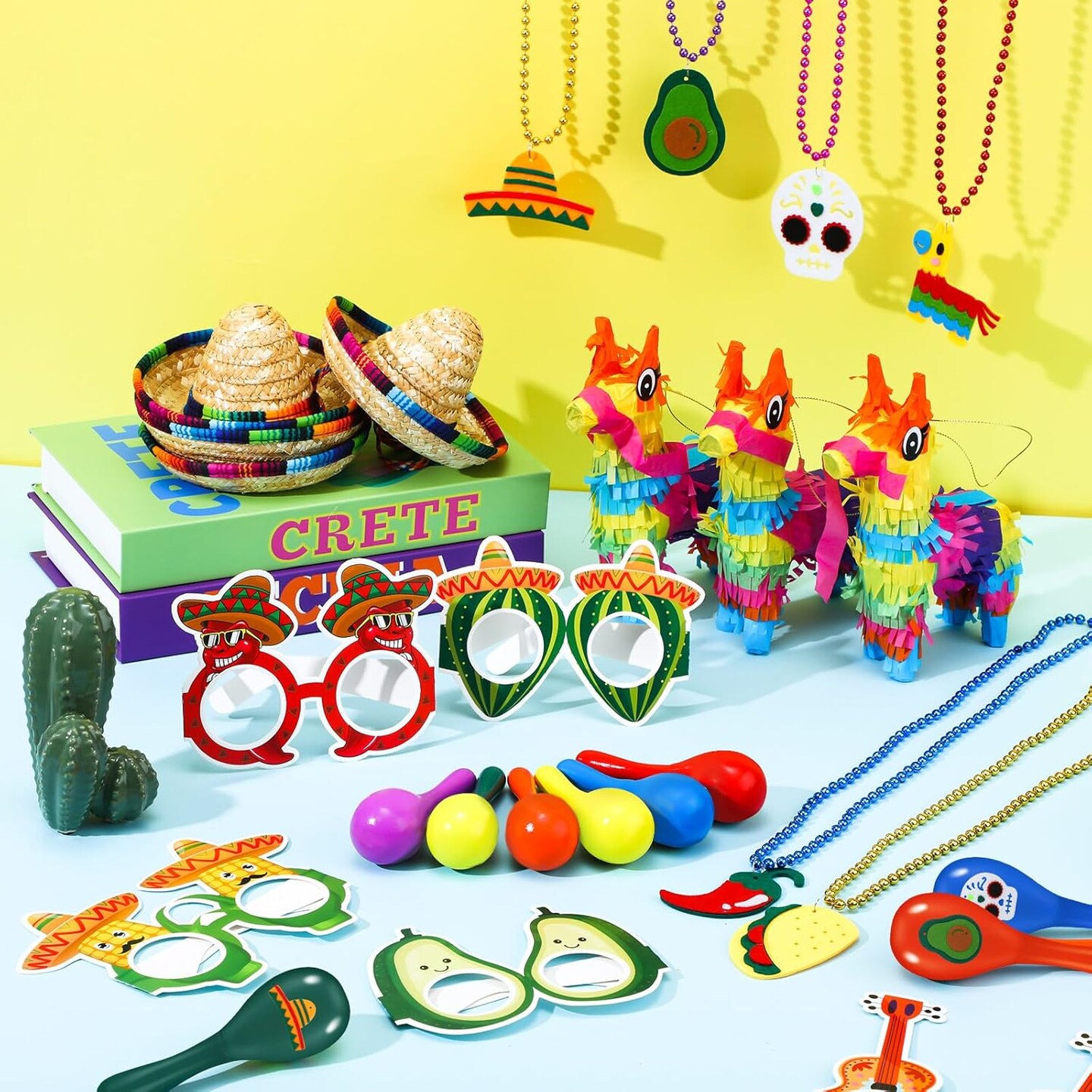 36 Pieces Mexican Fiesta Party Decorations 7.5x4.3 Inch Mini Donkey Pi&#xF1;ata Mini Mexico Sombrero Hats Wooden Maracas Necklaces Eyeglasses for Cinco De Mayo Dia De Los Muertos Costume