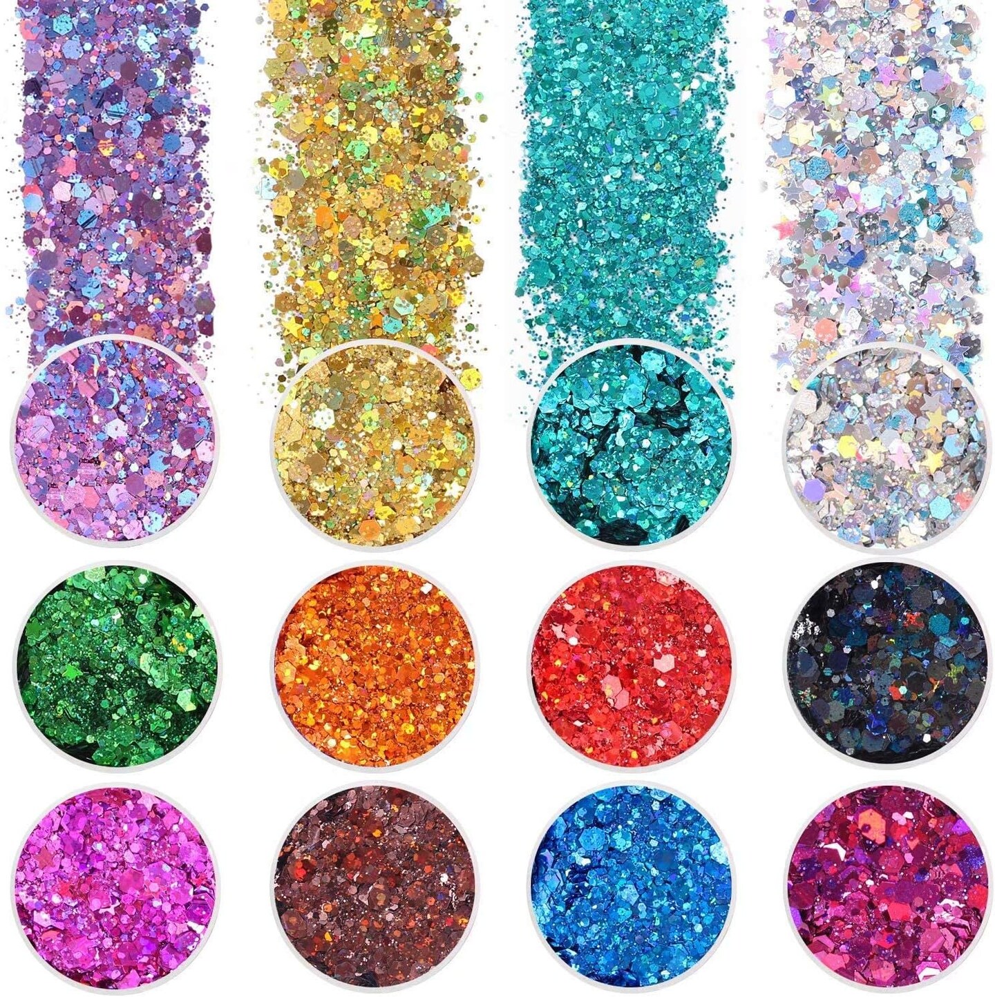 Holographic Chunky Glitter, Set of 12, Licool Craft Glitter for Resin Art Crafts, Cosmetic Glitter for Nail Body Face Eye, Epoxy Resin Glitter Sequin Flake Sparkle for Slime Tumbler Jewelry Making
