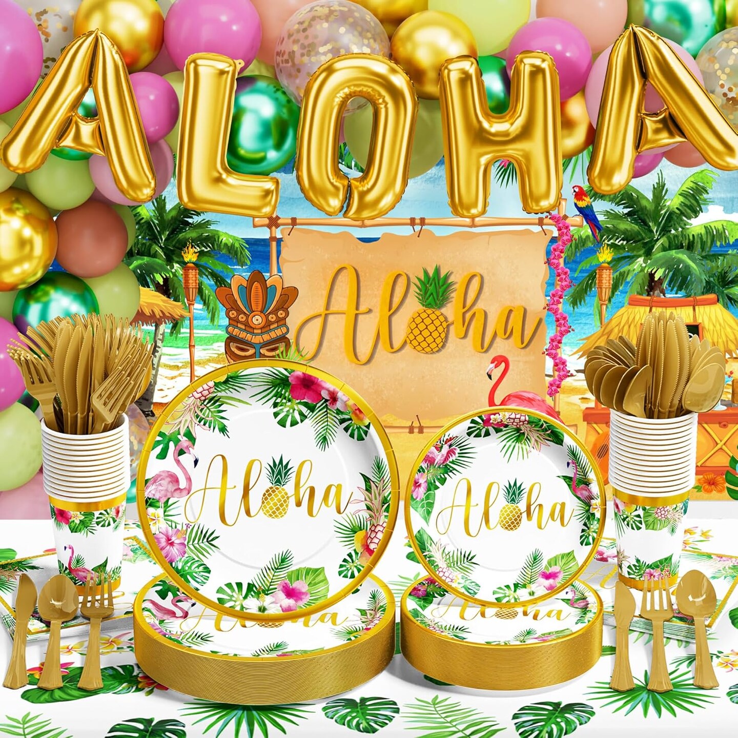 Hawaiian Luau Birthday Party Supplies, 246PCS Disposable Dinnerware(25 Guest) &#x26; Tropical Decoration Aloha Summer Beach Paper Plate Cup Napkin Cutlery Tablecloth Backdrop Balloon Garland