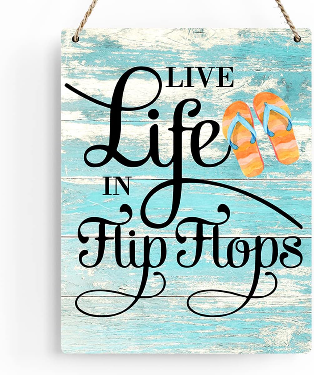 Rustic &#x22;Live Life in Flip Flops&#x22; Wooden Hanging Sign &#x2013; Farmhouse Beach House Wall Art, Summer Plaque Decor for Pool and Home (8 x 10 Inches)