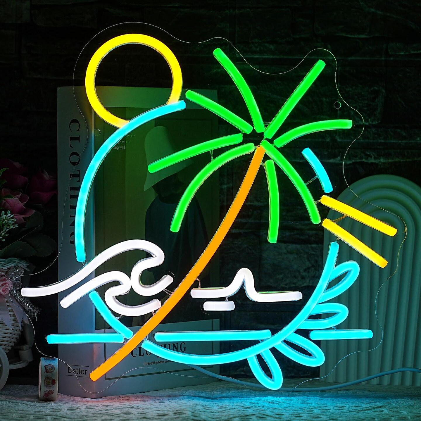 Palm Tree Neon Sign &#x2013; Sea Wave LED Light Circle for Wall D&#xE9;cor, Plant Neon Light for Bedroom, Living Room, Men&#x2019;s Cave, Bar, Hotel &#x26; Restaurant