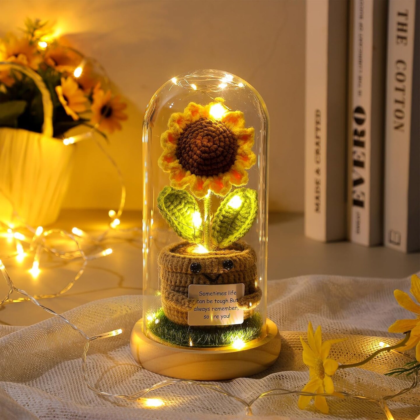 Sunflower Gifts for Women 9'' Crochet Sunflower Gifts for Her Wife Girlfriend Mom Light up Flower in Glass Dome Gift for Birhday