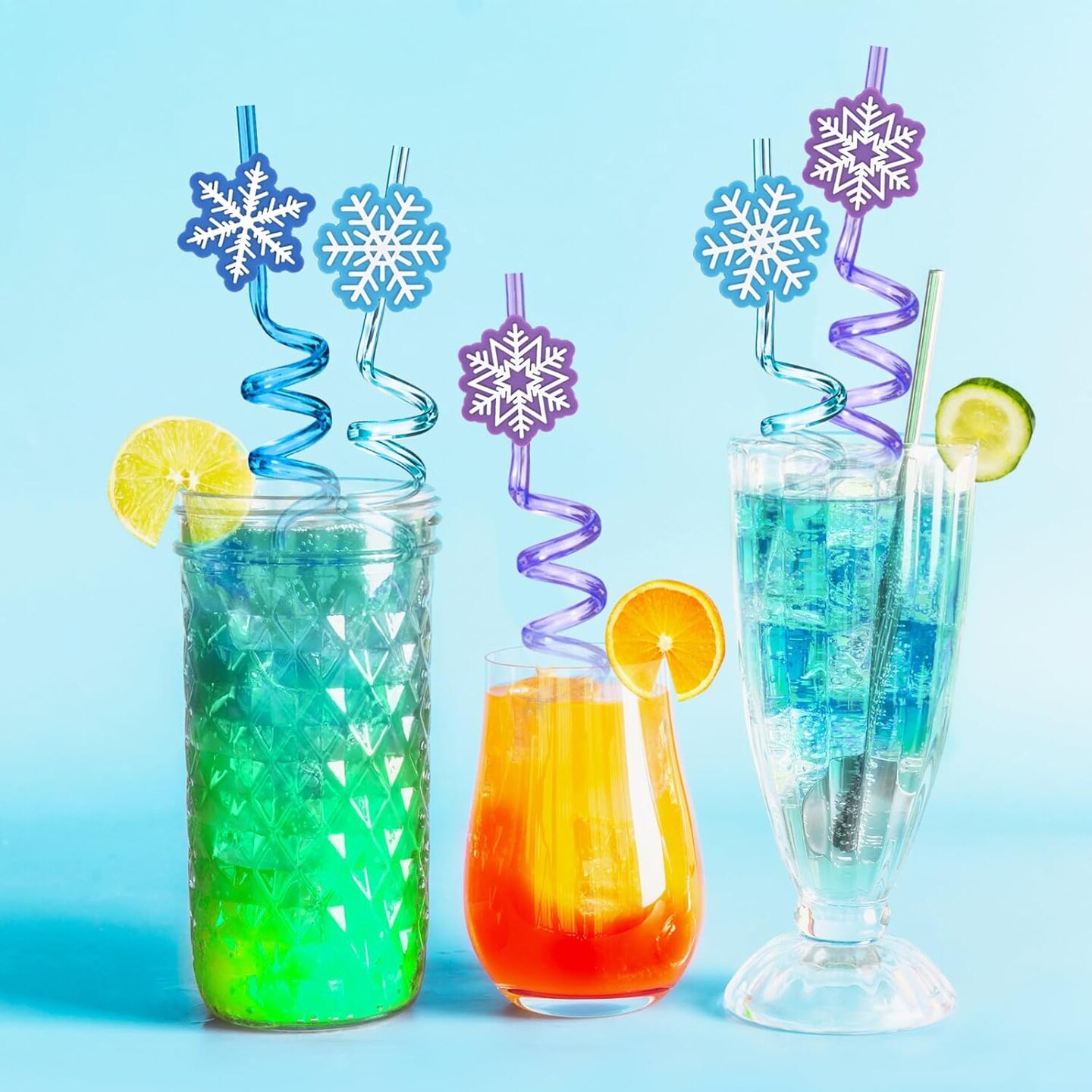 Snowflake Plastic Drinking Straws Frozen Party Favors, 24Pcs Reusable Straws Disposable Bulk, Goodie Bag Stuffers Classroom Prizes Winter Summer Kids Girls Elsa Frozen Birthday Party Supplies