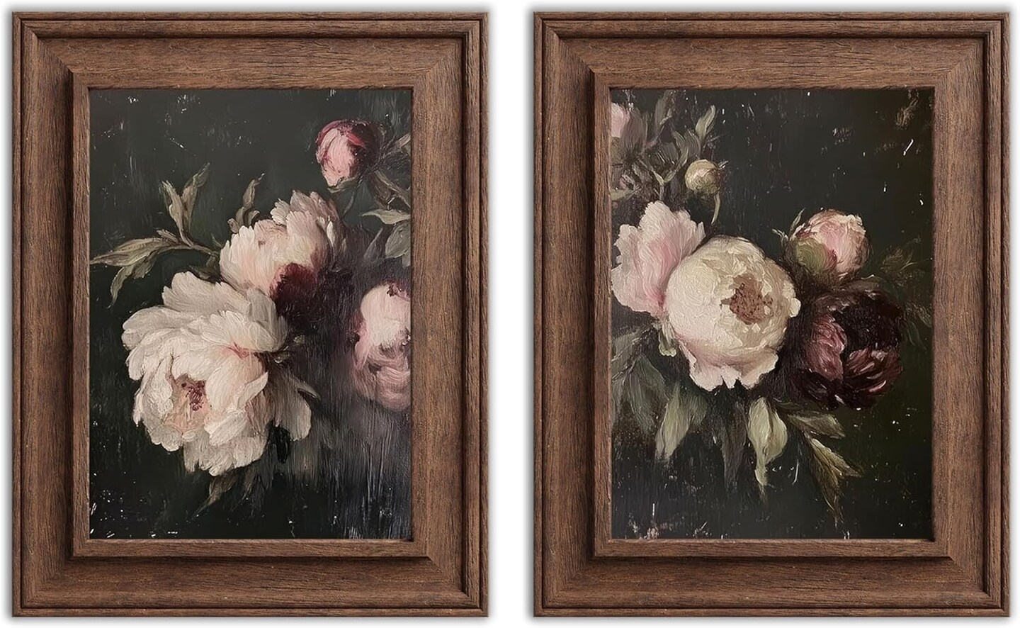 Summer 2 Pcs Vintage Peonies Flower Canvas Wall Decor, Classical Dark Pink Peonies Pictures, Retro Moody Floral Botanical Still Life Posters Prints for Living Room, Bedroom, Home Decoration