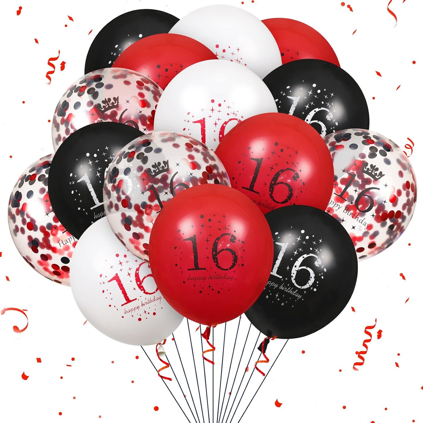 16th Birthday Balloons - 16Pcs Red & Black Latex Balloons for Girls & Boys - Happy 16th Birthday Party Decorations