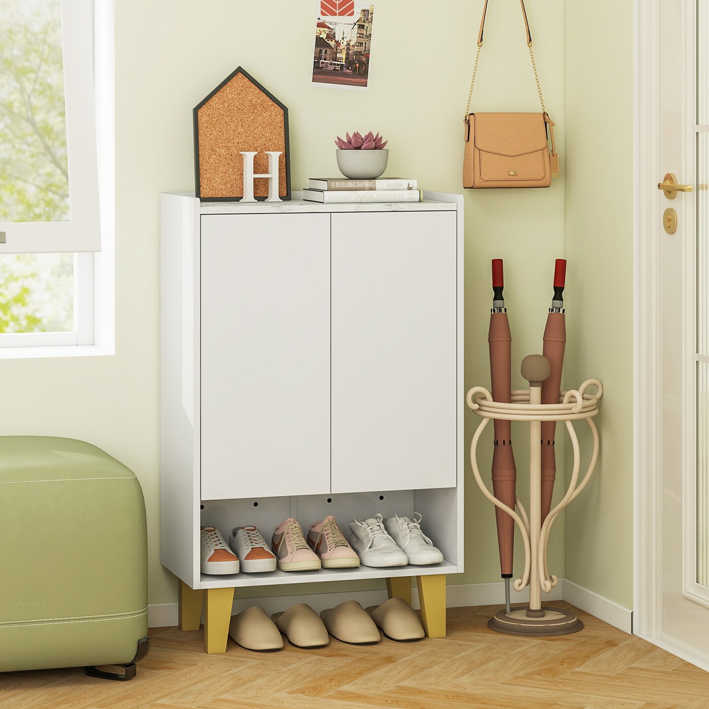 White Wooden 5-Tier Shoe Cabinet with Golden Legs and Flat Tilting Shelves