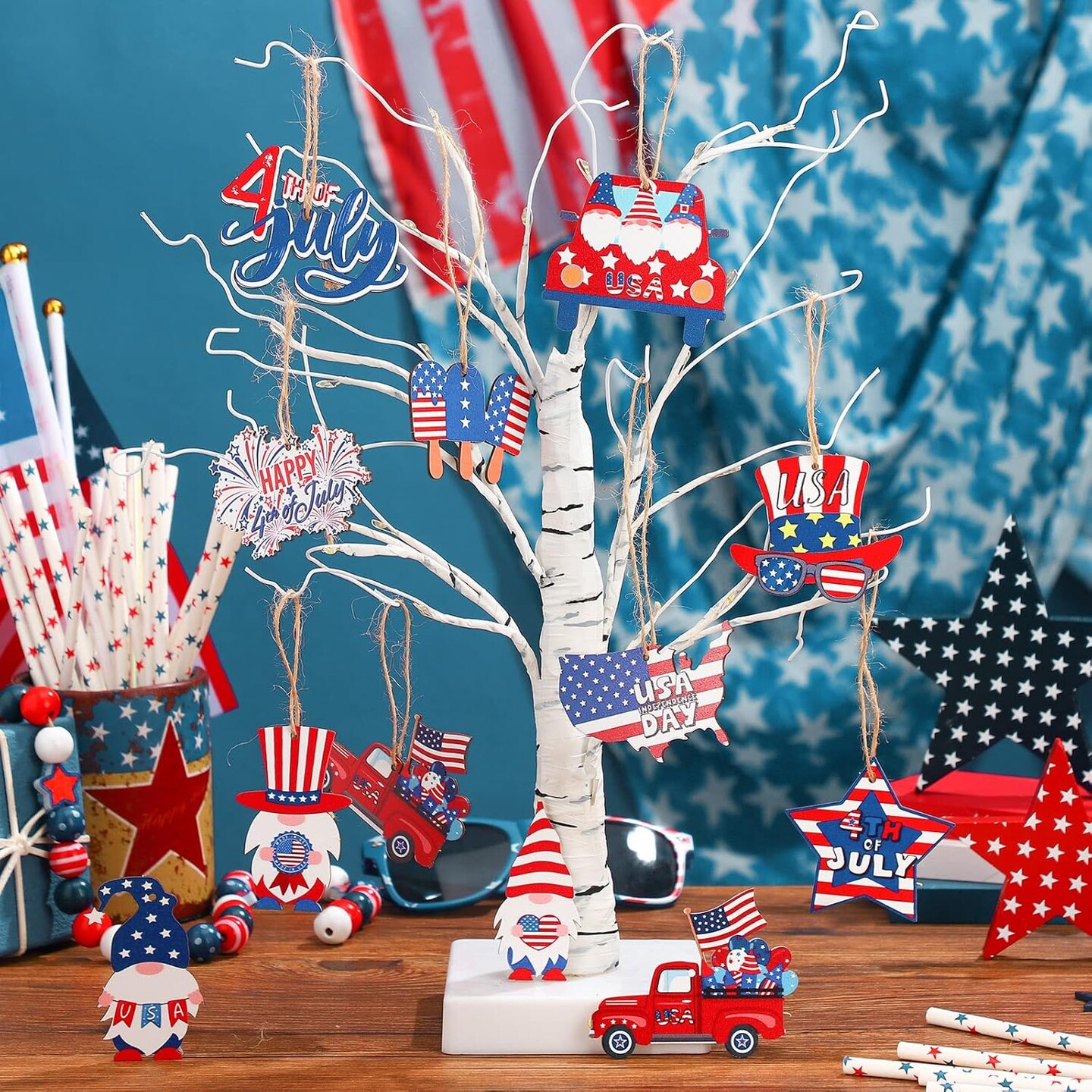 4th of July Ornaments for Tree Independence Day Wooden Gnome Hanging Decor Red White Blue Wooden Decor Memorial Day Leprechaun Cutouts Pendant for Summer Party Home Supplies