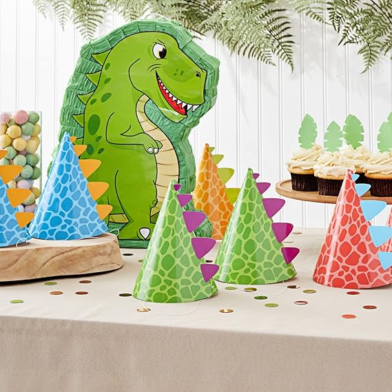 24 Pack Dinosaur Party Hats for Dino Party Supplies, T-Rex Theme Birthday, Baby Shower Decorations (4 Colors) - Dinosaur Birthday Decorations