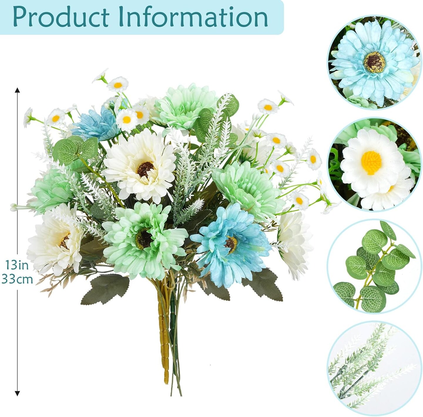 Summer Floral Arrangement &#x2013; Silk Flowers for Home Decor, 7Pcs Artificial Daisy Wildflowers, Faux Flower Arrangements for Farmhouse Table Centerpiece