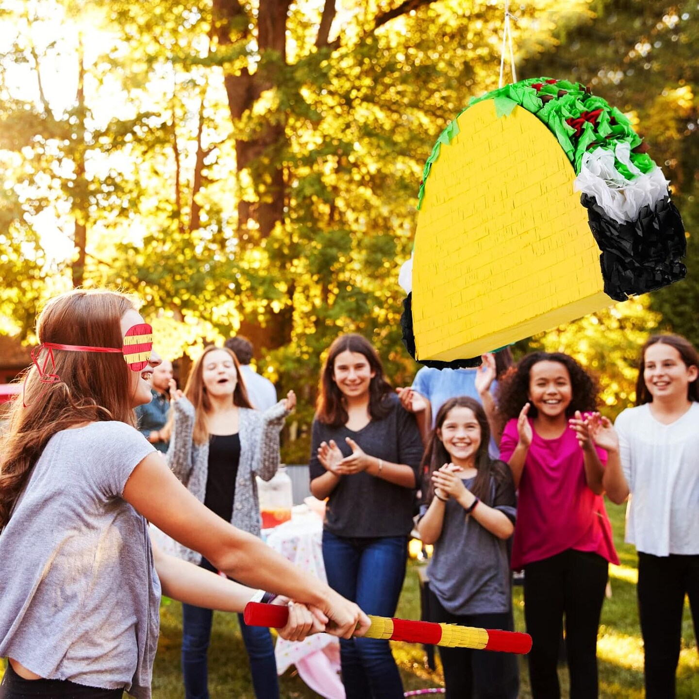 Mini Taco Pi&#xF1;ata Mexican Decorations Taco Party Supplies Fiesta Cinco De Mayo Party Decorations with Wooden Stick Paper Blindfold Confetti Set for Adults Girls and Boys, 15.8x 10.3 x 2.8 Inch