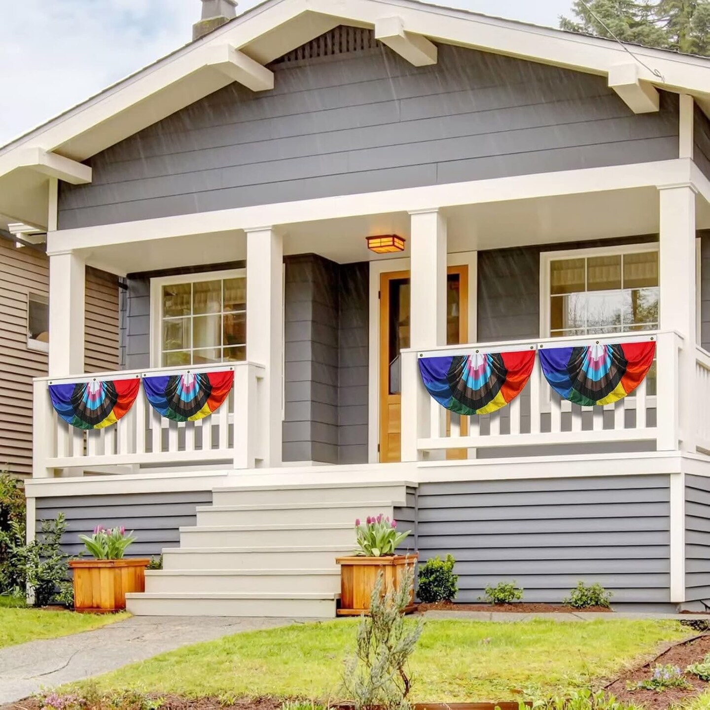 2 Pieces Progress Pride Pleated Fan Flag Rainbow Bunting 1.5x3 Ft Gay Decorations Party Supplies LGBTQ Proud Wall Decor Hanging Backdrop for Outdoor Garden Fence Support Indoor Balcony