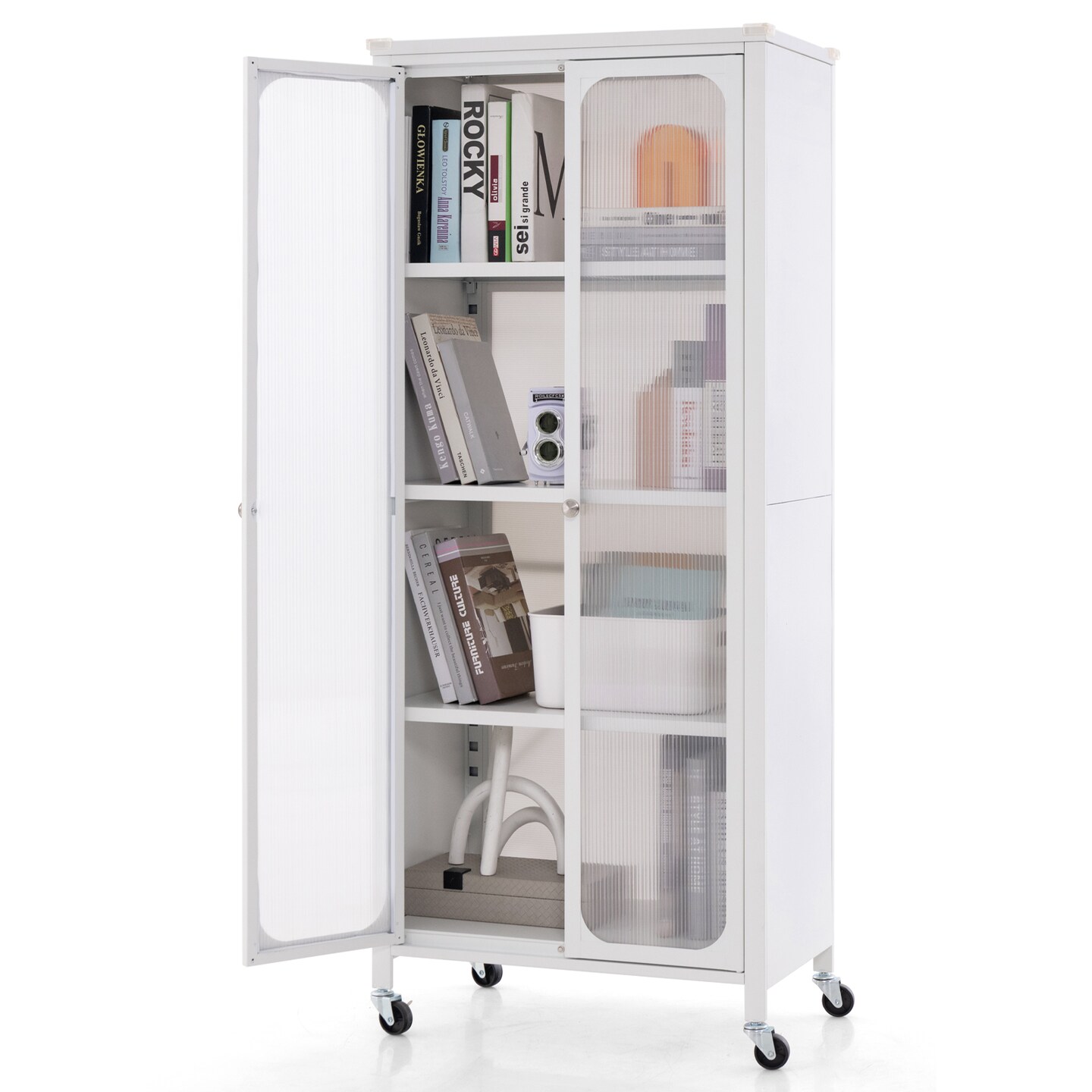 White Metal Storage Cabinet with Adjustable Shelves &#x26; Lockable Wheels