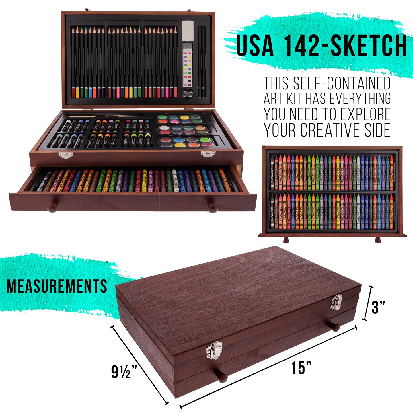 U.S. Art Supply 162-Piece Deluxe Mega Wood Box Art Painting &#x26; Drawing Set - Artist Painting Pad, 2 Sketch Pads, Watercolors, Colored Pencils, Crayons