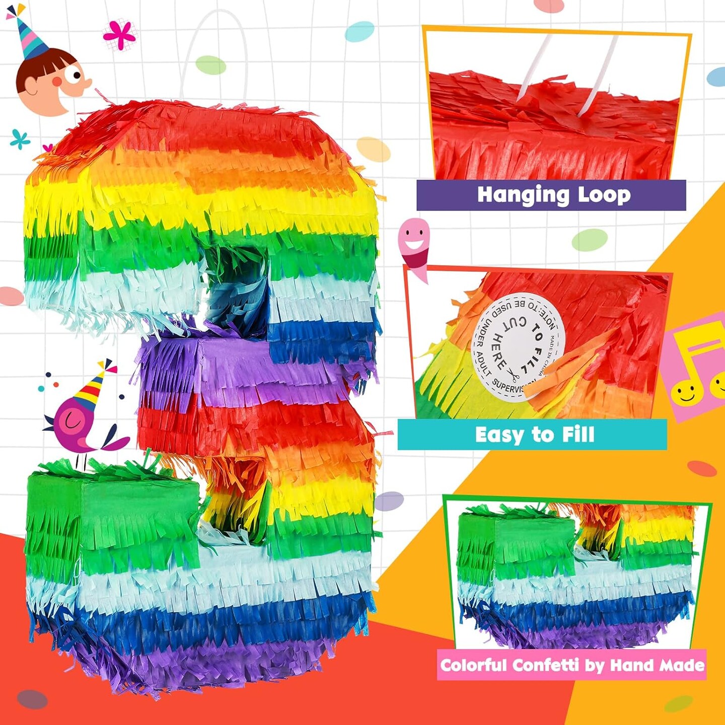Rainbow Number Pi&#xF1;ata Multicolor Number Pi&#xF1;ata Small Kids Birthday Party with Blindfold Stick and Confetti for Birthday Anniversary Cinco De Mayo Fiesta Party Decor(Number 3)
