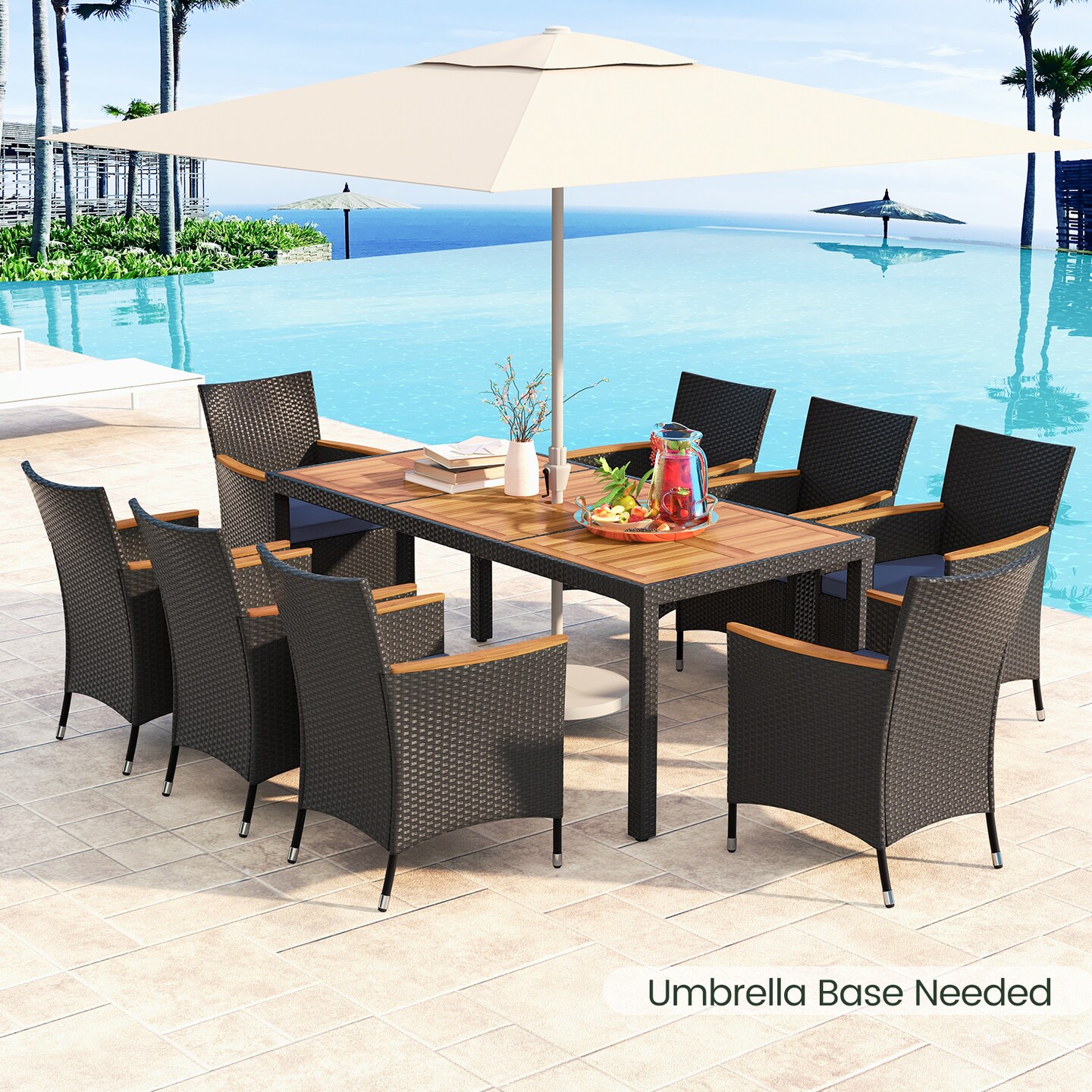 Black Rattan Acacia Wood 9 Pieces Patio Dining Set with Cushions and Umbrella Hole