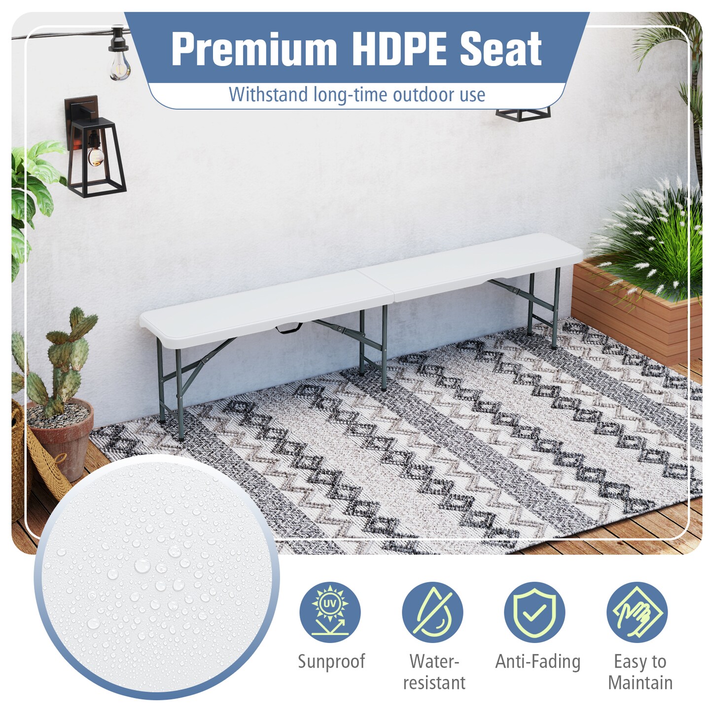 6 Feet HDPE Foldable and Portable Bench with Metal Frame and Safety Lock Ideal for Outdoor Use