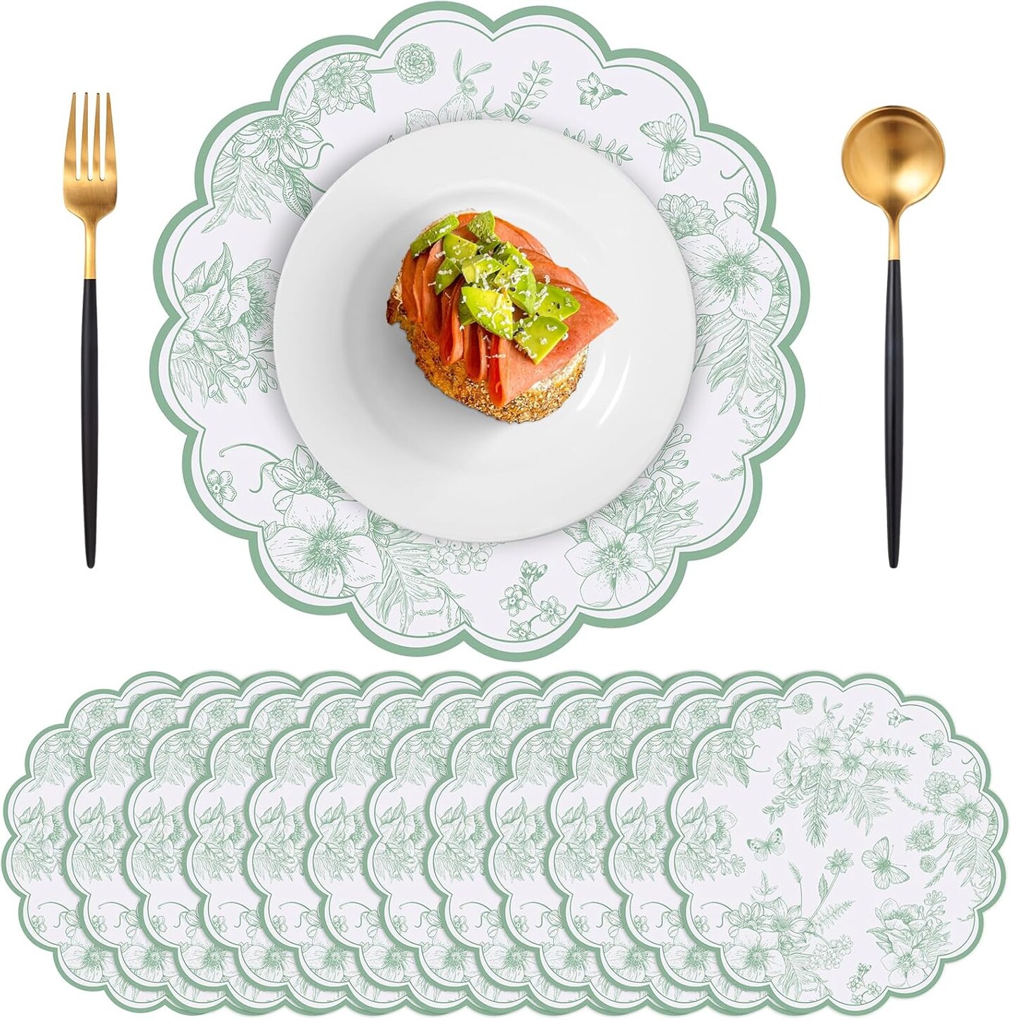 60 Pcs Sage Green Floral Paper Placemats, 13.5 Inch Disposable Scalloped Table Mats Vintage Floral Banquet Place Mats Sage Green Toile Placemat for Table Setting Wedding Bridal Tea Party Supplies