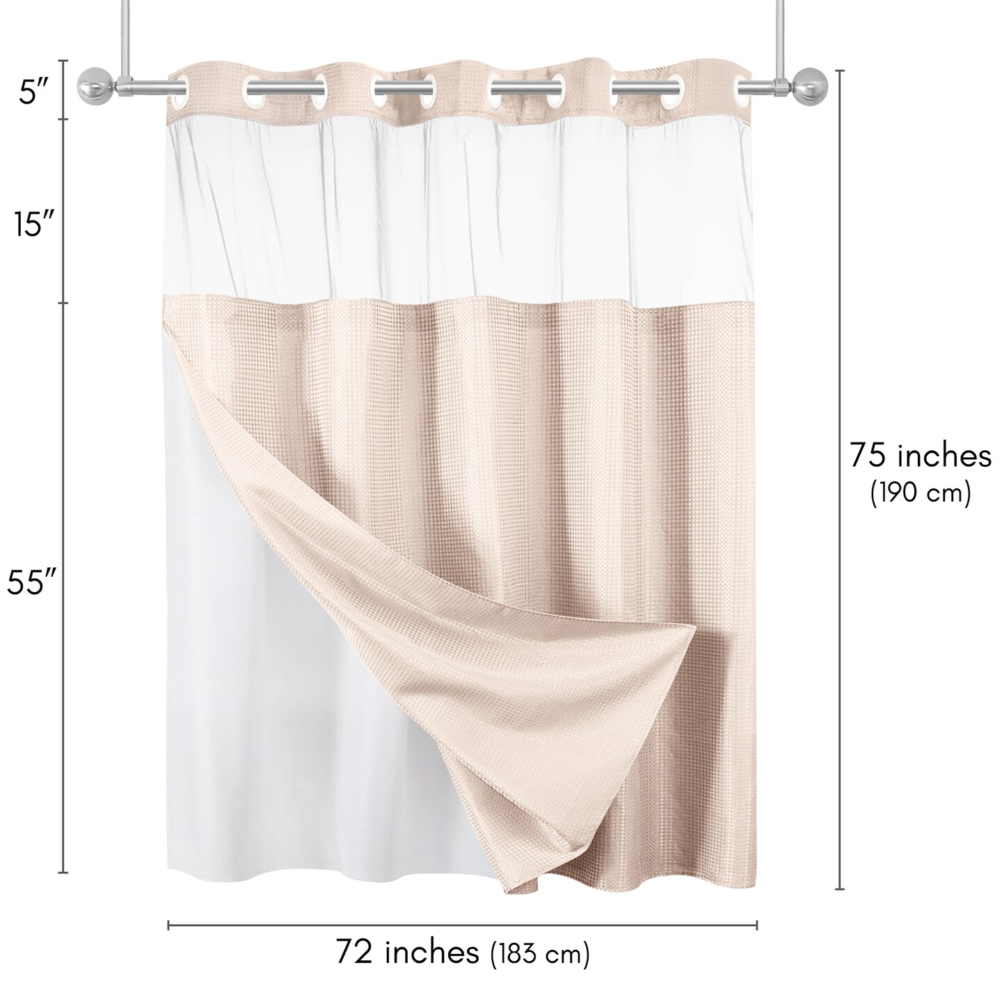 Americanflat 72x75 Hookless Waffle Pattern Shower Curtain - Water-Resistant Long Shower Curtain with Sheer Panel, Snap-In Liner, and Grommets