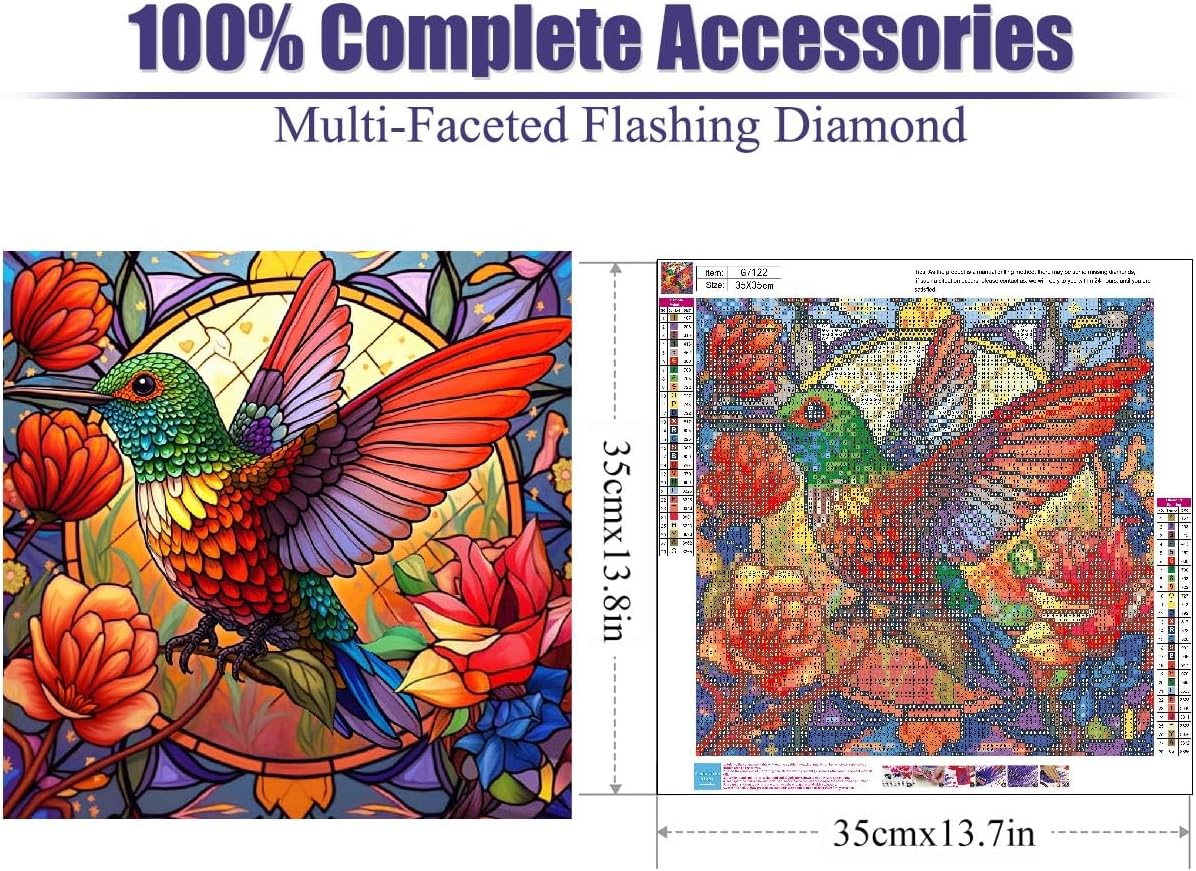 Hummingbird Diamond Painting Kits for Adults - Stained Glass Diamond Art Kits for Adults Beginner,5D DIY Full Drill Diamond Dots Paintings with Diamonds Gem Art and Crafts Home Wall Decor 14x14inch