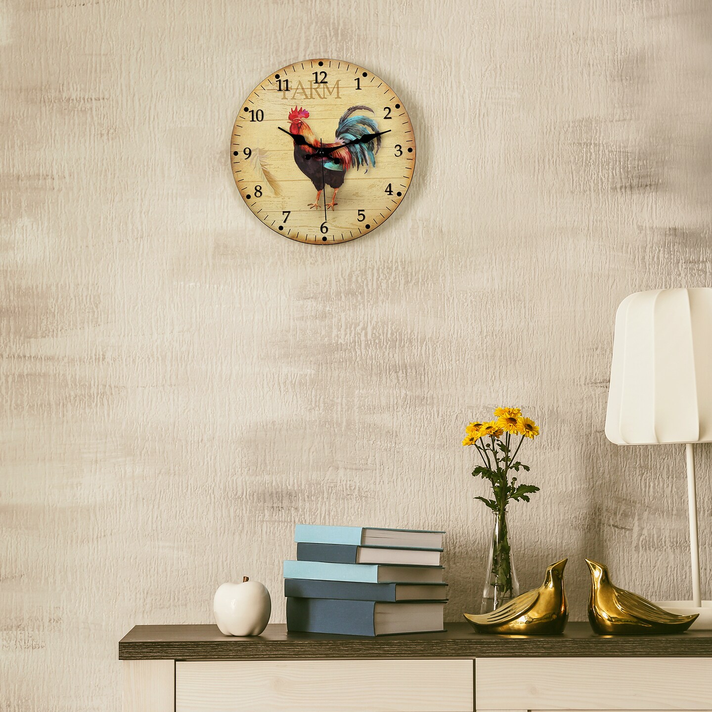 Farmhouse Rooster Wall Clock Battery Operated 12 Inch (30 cm) - Silent Frameless Kitchen Decor Analog Clock for Home, Office, Bedroom