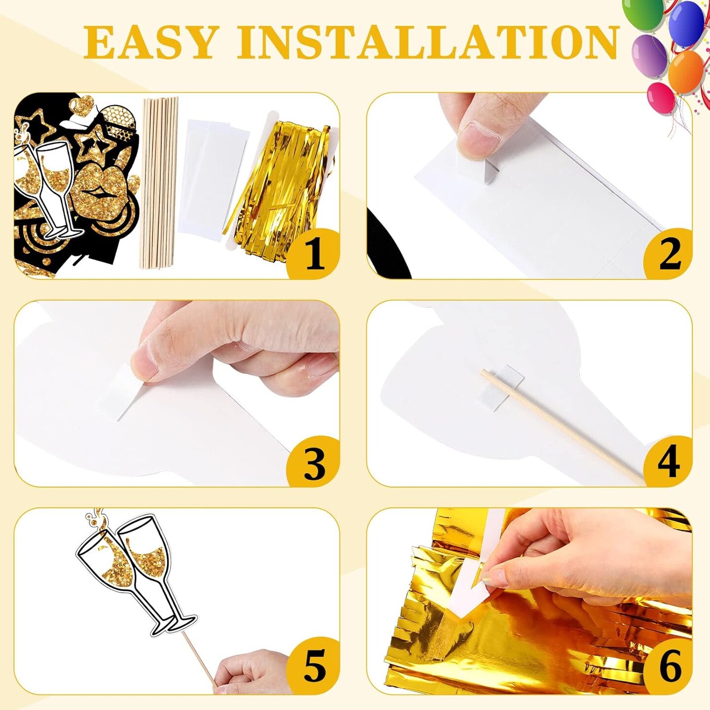 28 Pcs Photo Booth Props for Birthday Wedding Party Decorations Mix of 24 Photo Props, 4 Pcs 3.28 x 6.56 ft Foil Fringe Curtains Party Supplies for Prom Birthday Wedding Graduation (Gold)