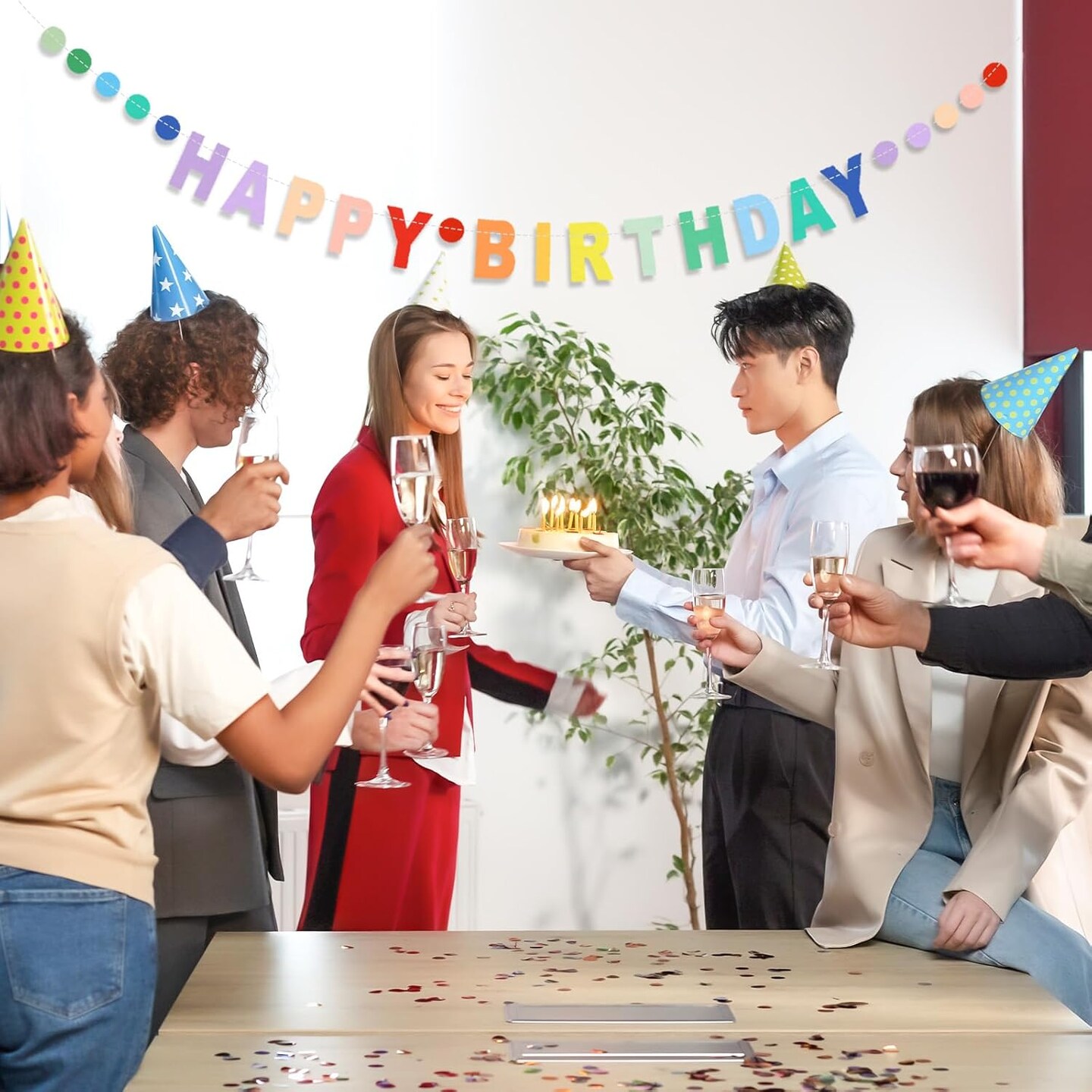 Happy Birthday Banner,Pre-Strung Colorful Cardboard Birthday Banner with Colorful Dot Decoration Garland, Rainbow Theme Party Supplies