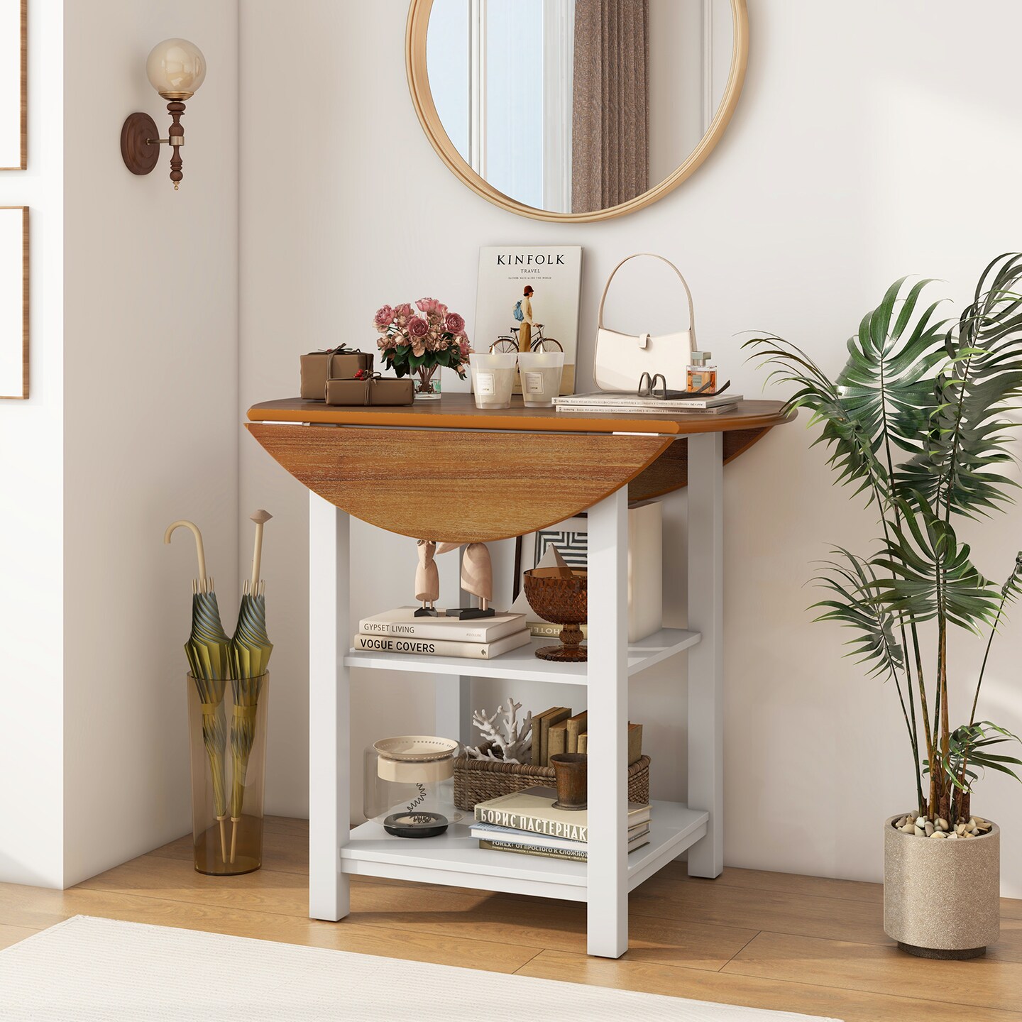 White Folding Dining Table with Storage and Rubber Wood