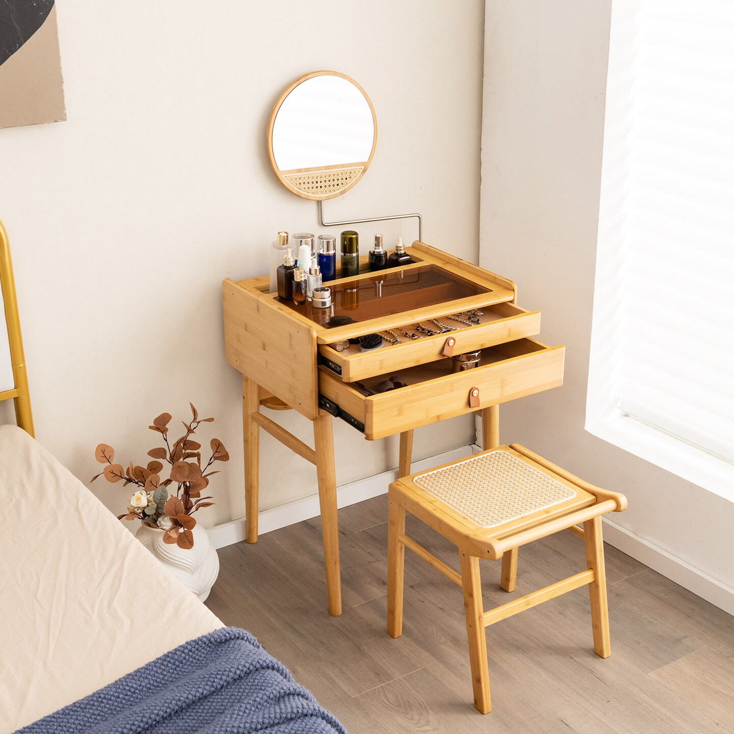 Natural Wicker Vanity Stool with Faux Rattan Surface and Reinforcement Bar Suitable for Any Room