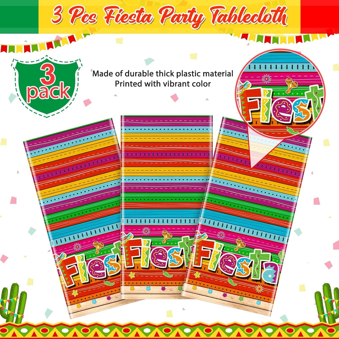 3 Pieces Mexican Fiesta Party Tablecloth Decorations,Plastic Cinco De Mayo Printed Table Cloth Table Cover for Fiesta Taco Night Birthday and Mexican Themed Party Supplies, 54 x 108 Inch
