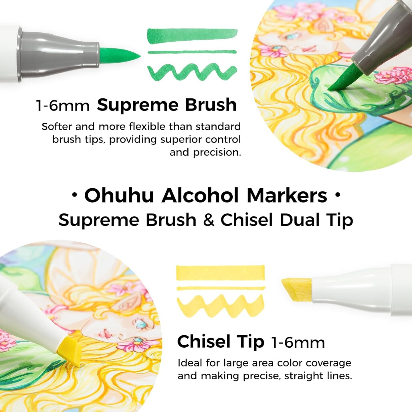 Ohuhu Alcohol Markers Supreme Brush Tip: 24-Color Brush &#x26; Chisel Double Tipped Art Marker Set for Artist Adults Coloring Illustrations -Honolulu Plus-Refillable