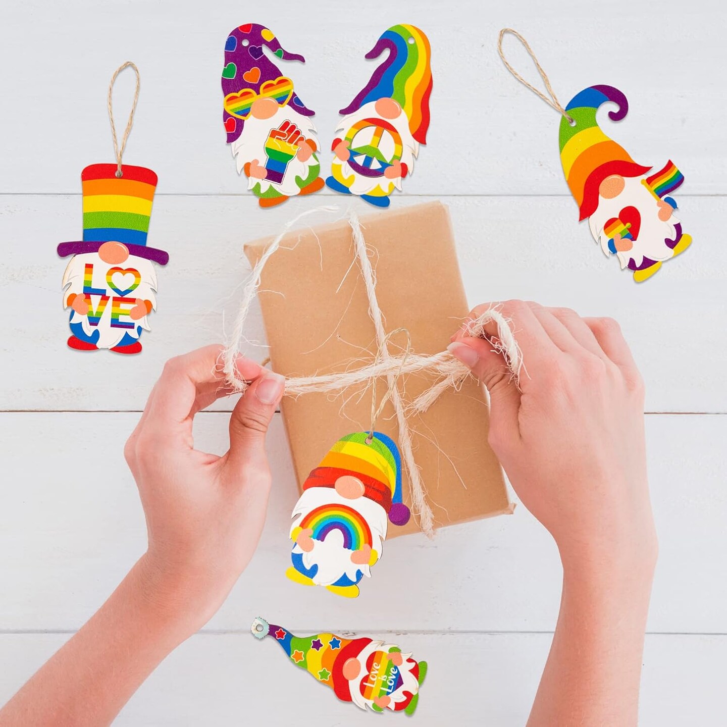 LGBT Gay Pride Wooden Gnome Ornaments - 31Pcs Wood Rainbow Gnome Elf Pendants with Ropes Love is Love LGBTQ Gay Couple Hanging Tags for Home Lesbian Pride Party Decorations Supplies