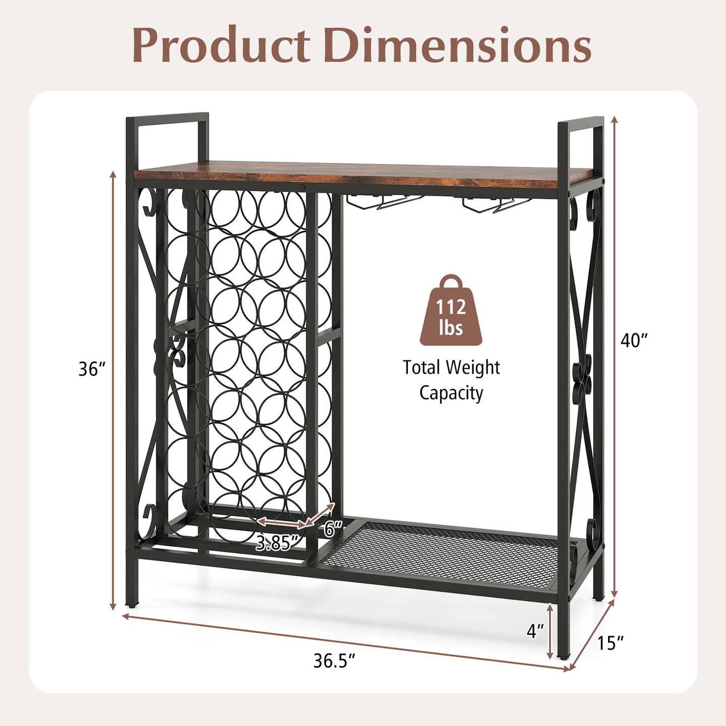 Rustic Brown Freestanding 21 Wine Bottle Organizer with Glass Holder and Metal Frame