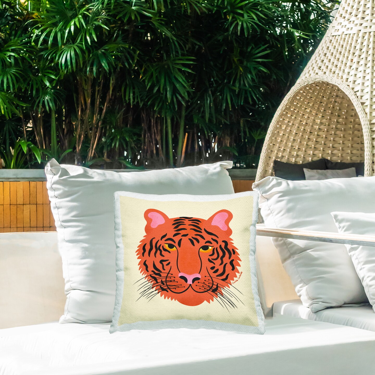 Stupell Industries Modern Wild Tiger Face Outdoor Printed Pillow design by Carrie Cantwell, 18 x 7 x 18