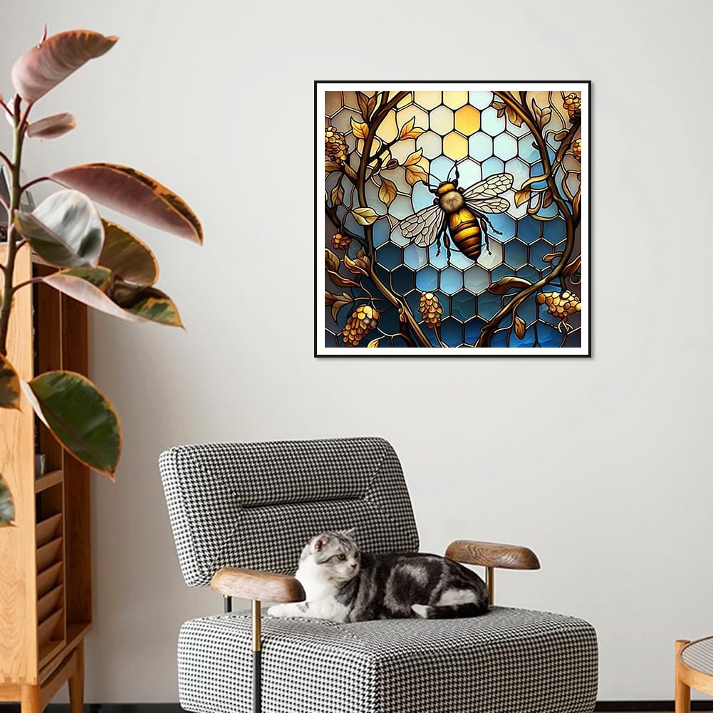 Stained Glass Bee 5D Diamond Painting Kit – Full Round Drill DIY Diamond Art for Adults & Beginners, 12×12 Inch Home Wall Decoration Gift
