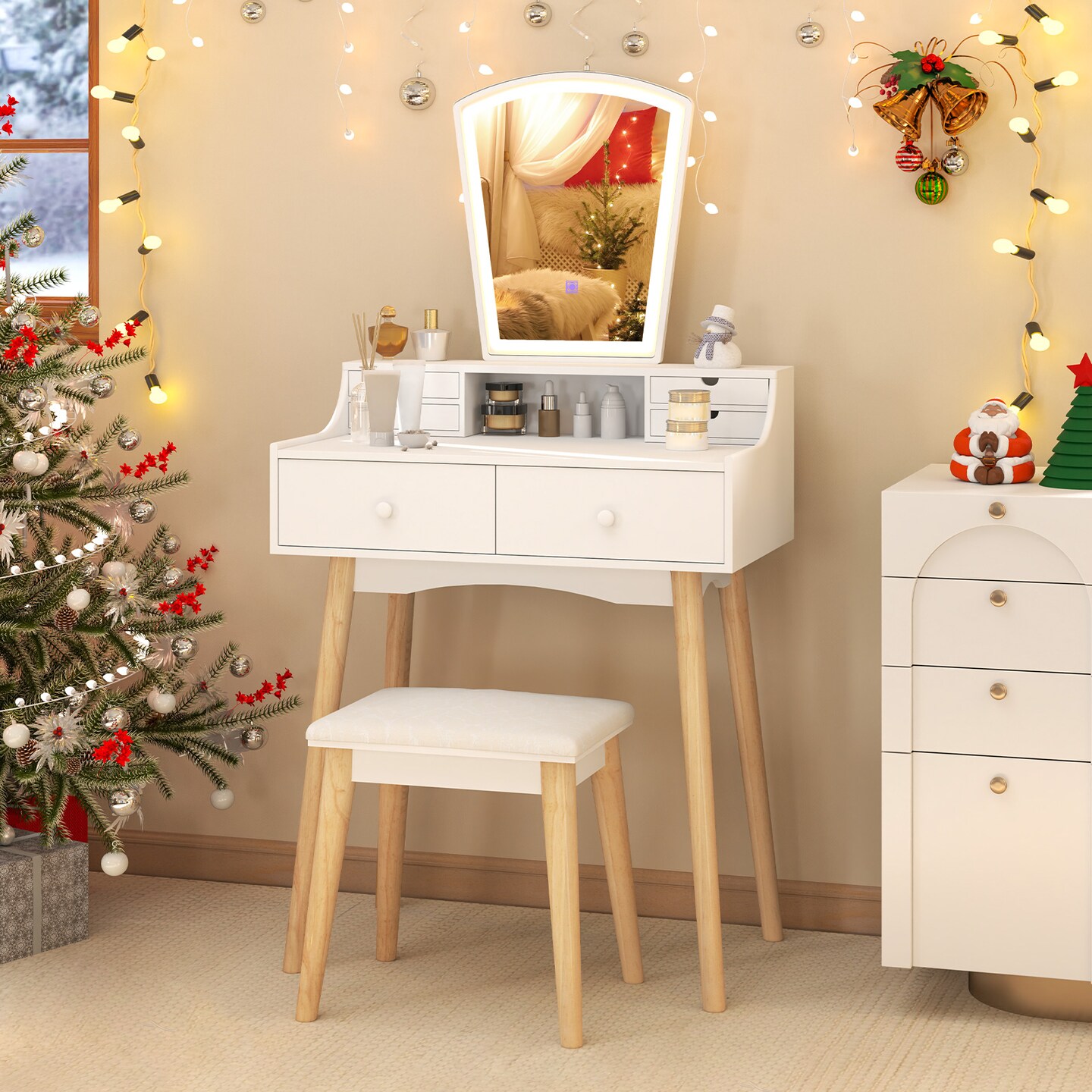 White Vanity Desk Set with 3-Color Adjustable LED Lighted Mirror and Storage Drawers