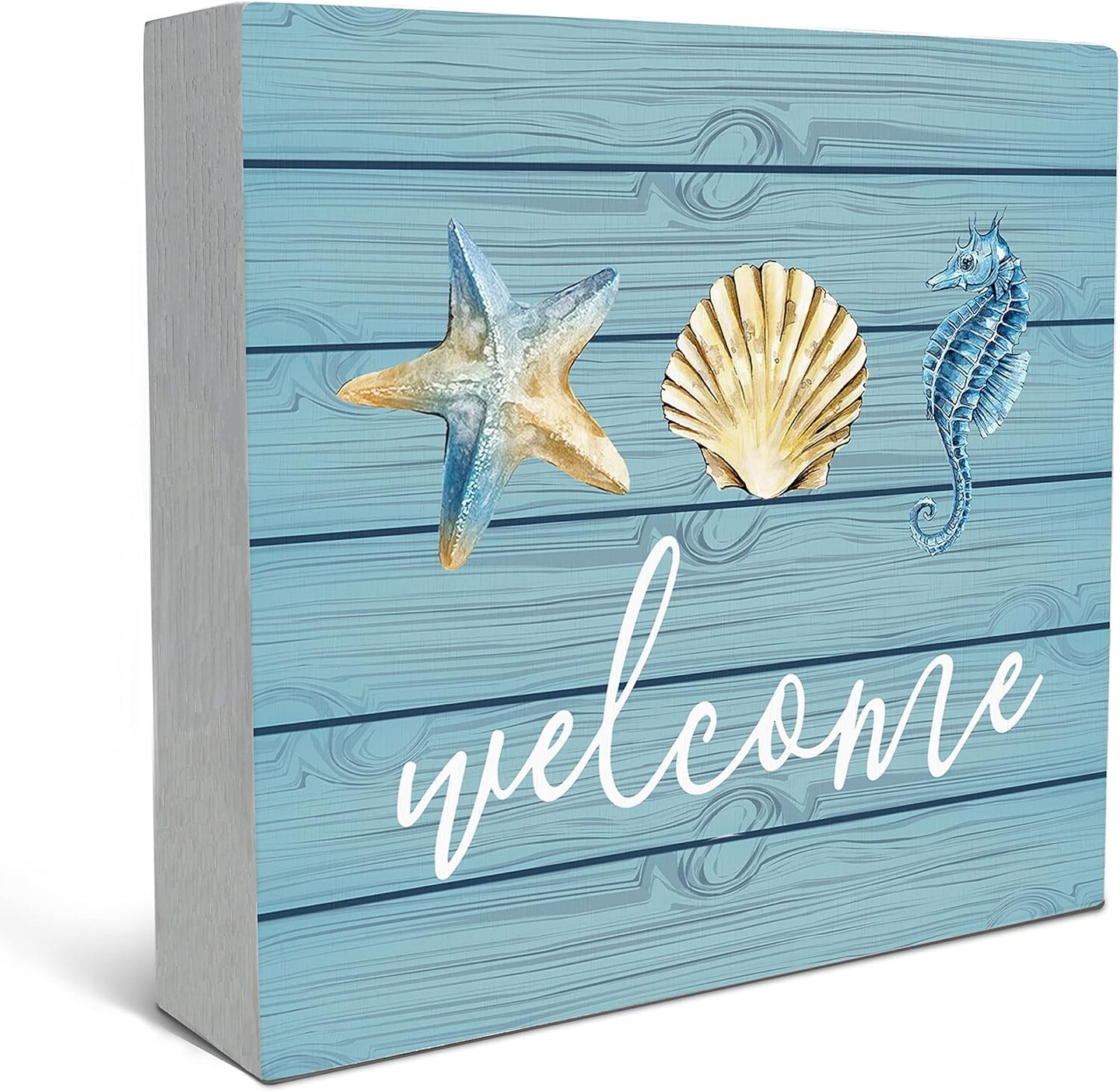 Rustic Summer Beach Wood Box Sign &#x2013; Teal Seashell, Seahorse &#x26; Starfish Tabletop Decor for Coastal Beach House or Shelf Display