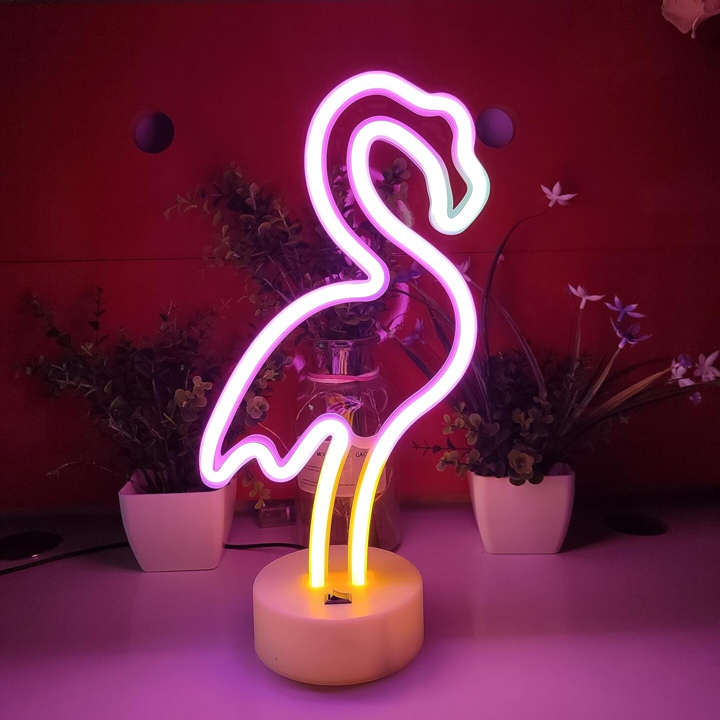 Flamingo Neon Sign with Holder Base, USB or 3-AA Battery Powered Neon Light, LED Desktop Decoration for Parties, Business Displays, and Summer Events (Multicolor)