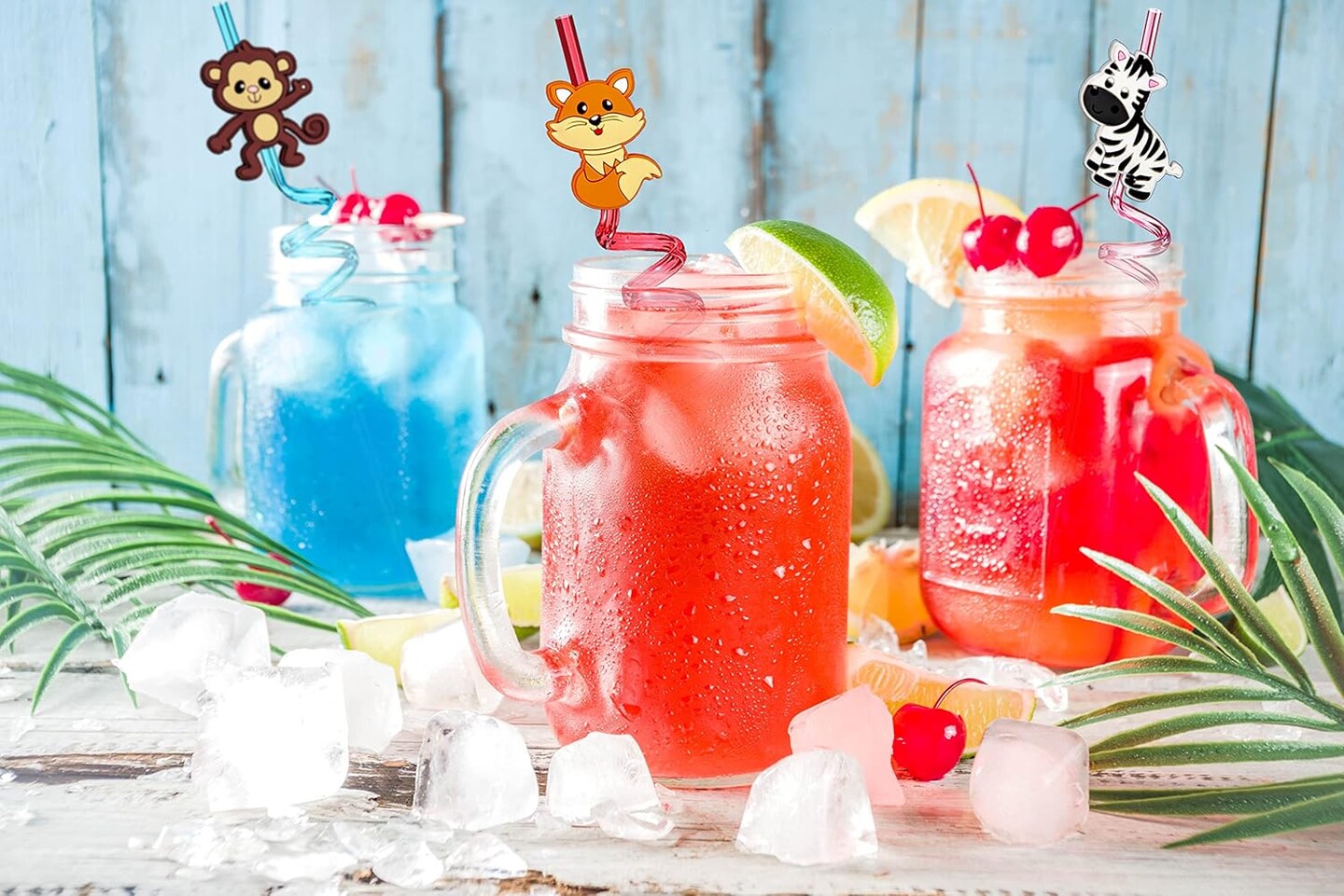24pcs Forest Animals Crazy Shape Straws, Drink Cocktail Straws for Lion Fox Zebra Giraffe Monkey Safari Birthday Party Supplies Party Favors, Woodland Party Favors with 2 Cleaning Brushes 8 Colors