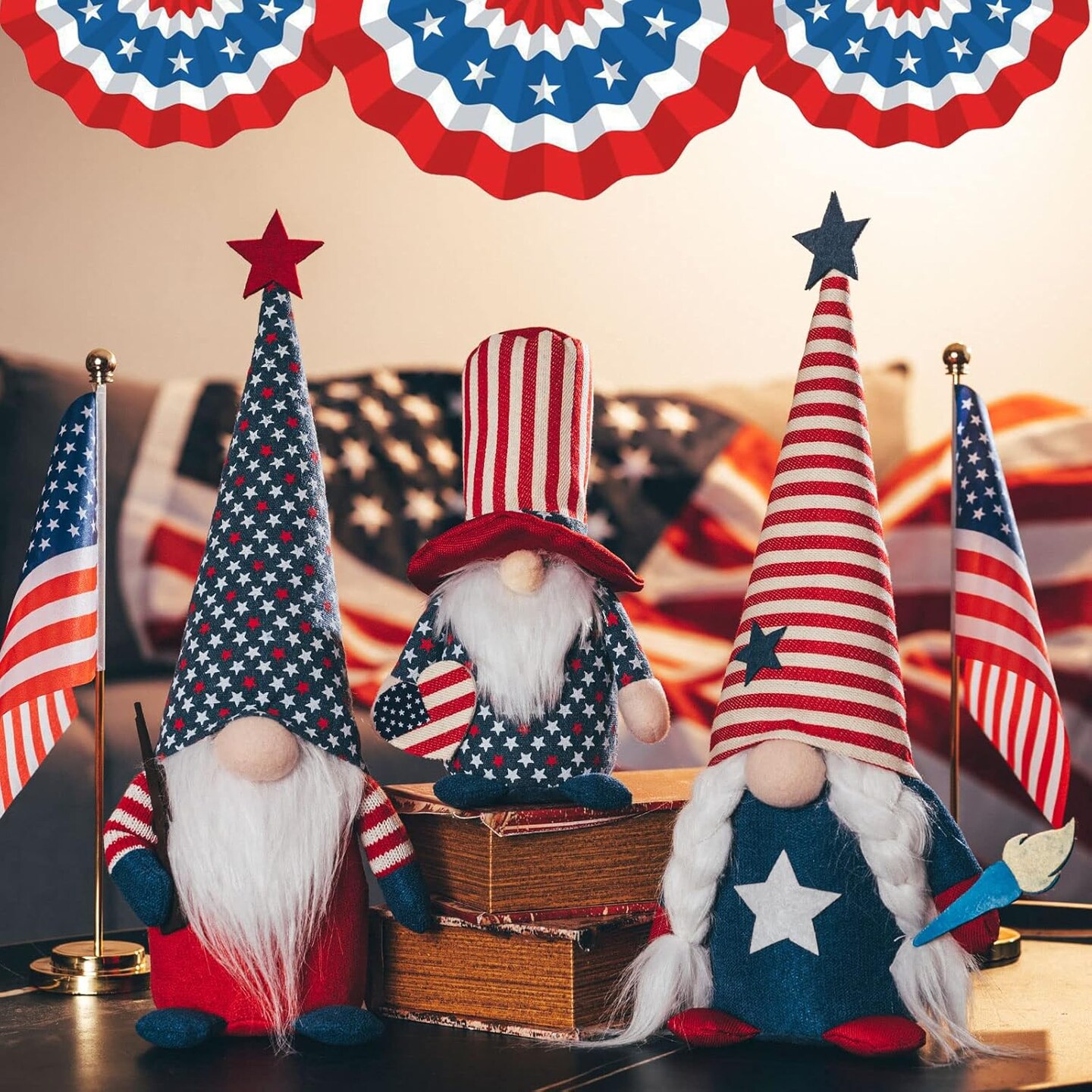 4th of July Patriotic Gnomes Decorations - 3PCS Handmade Gnomes American Stars&#x26;Stripes Plush Elf Scandinavian Tomte Veterans Memorial Day Gift - Fourth of July Independence Day Tabletop Decor